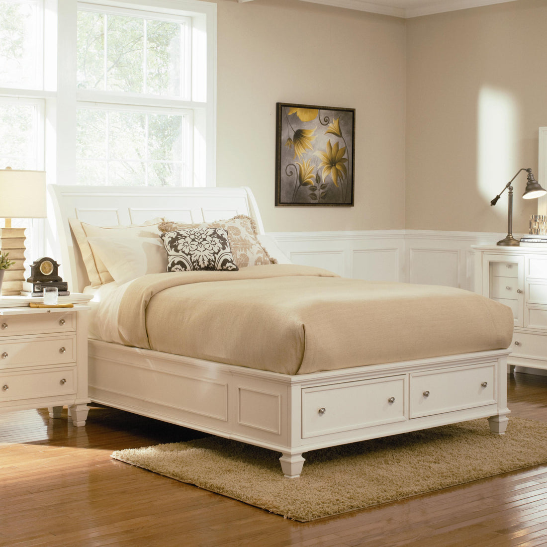  Size_Queen -- Sandy Beach 201309Q Wood Queen Storage Panel Bed - Cream White IMAGE 1