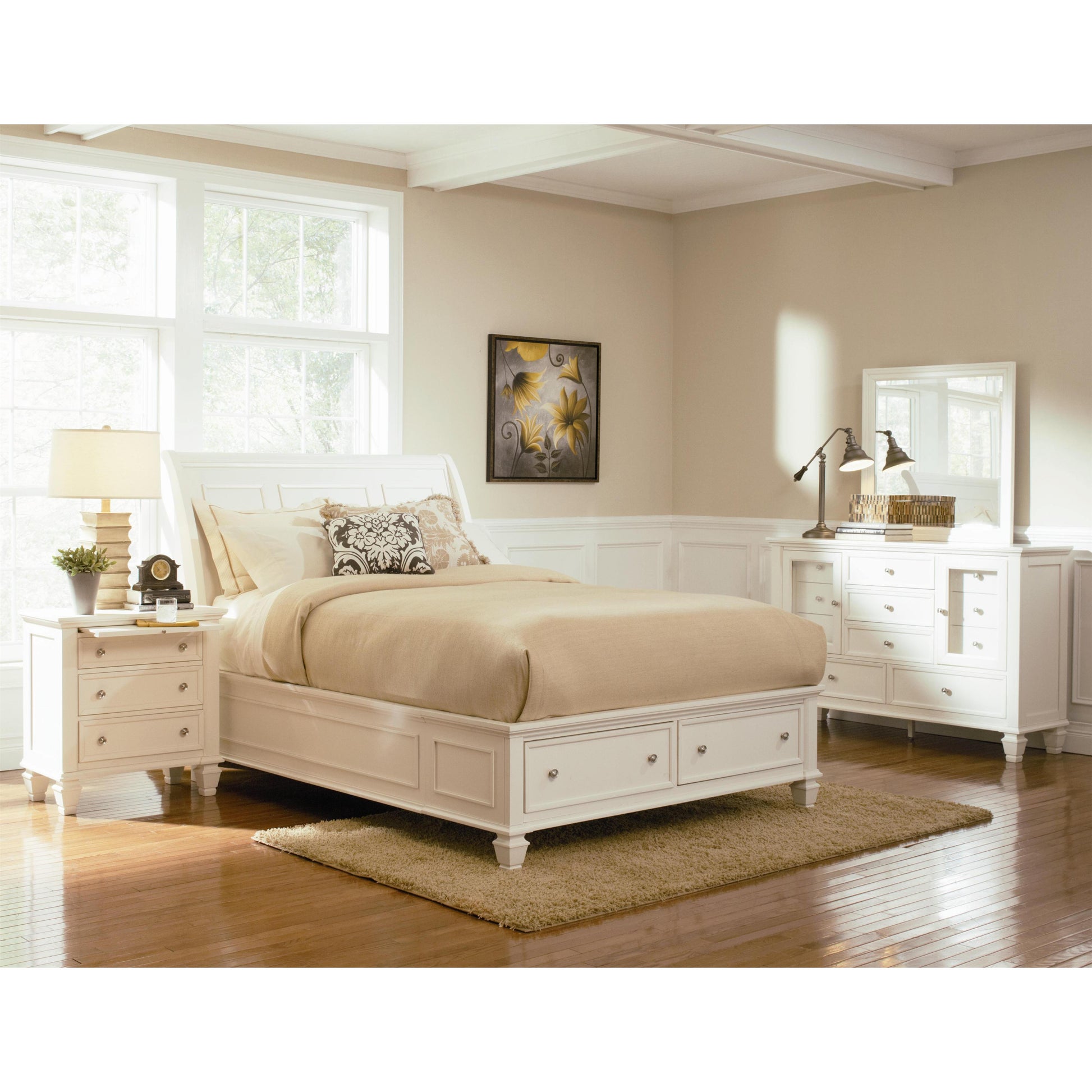  Size_Queen  -- Sandy Beach 201309Q Wood Queen Storage Panel Bed - Cream White IMAGE 3