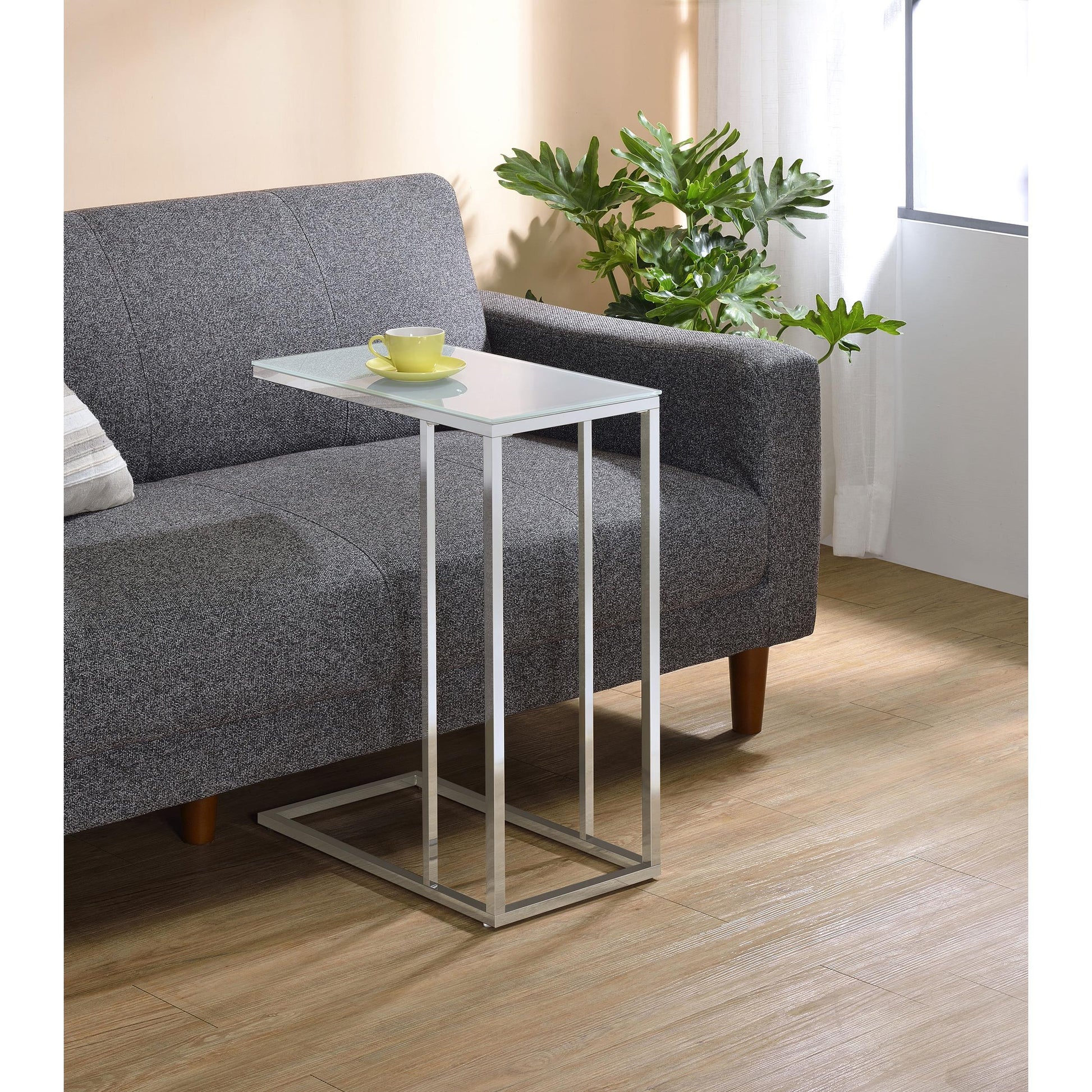 Coaster Furniture Stella 900250 White Glass Top C-Shaped Sofa Side Table - Chrome IMAGE 9