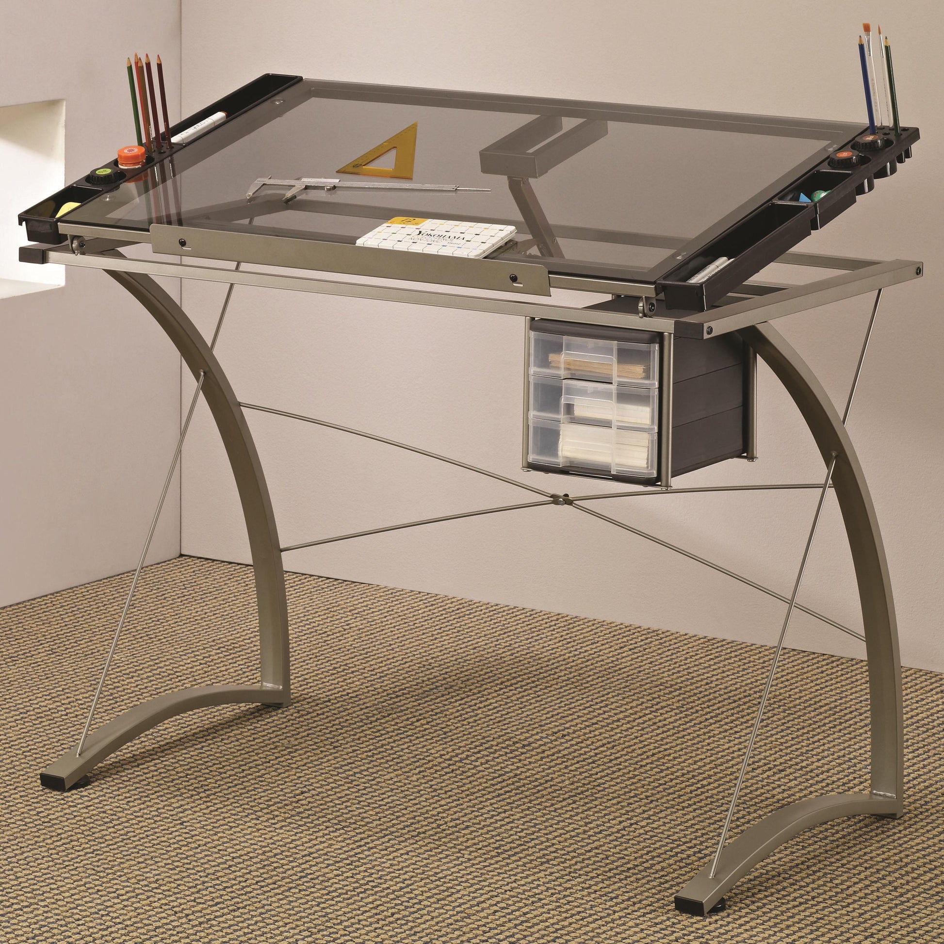  Coaster Furniture Melo 800986 41-inch Glass Top Drafting Table with Storage - Silver IMAGE 8