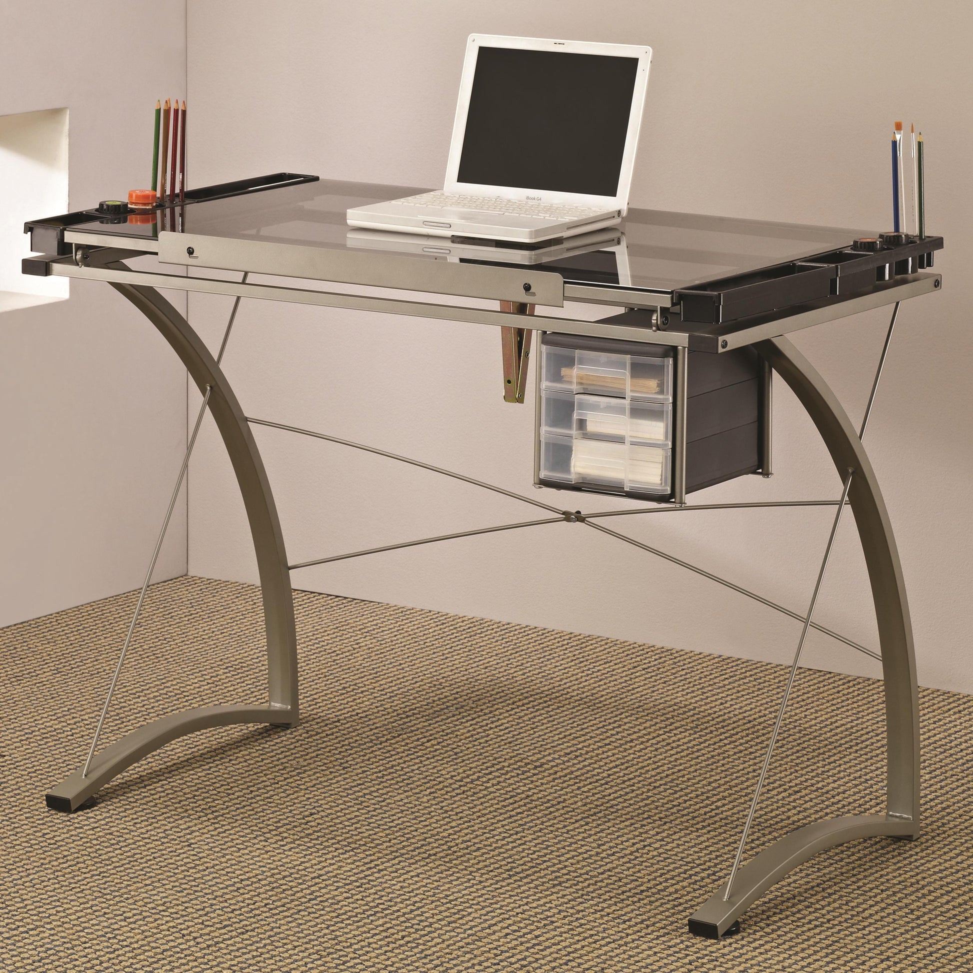  Coaster Furniture Melo 800986 41-inch Glass Top Drafting Table with Storage - Silver IMAGE 9