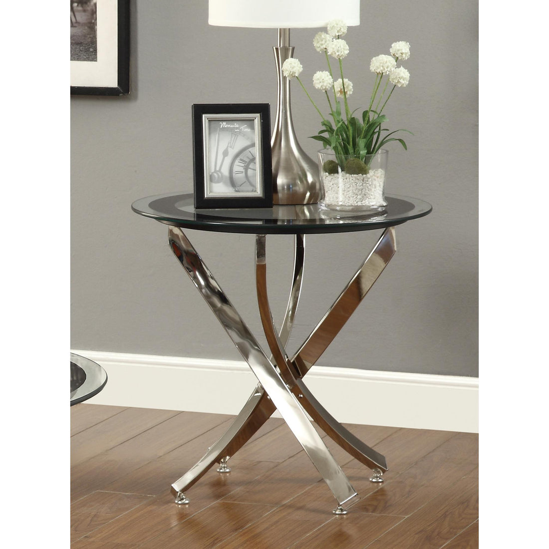  Coaster Furniture Brooke 702587 Round Glass Top Side End Table Metal Base - Chrome IMAGE 1