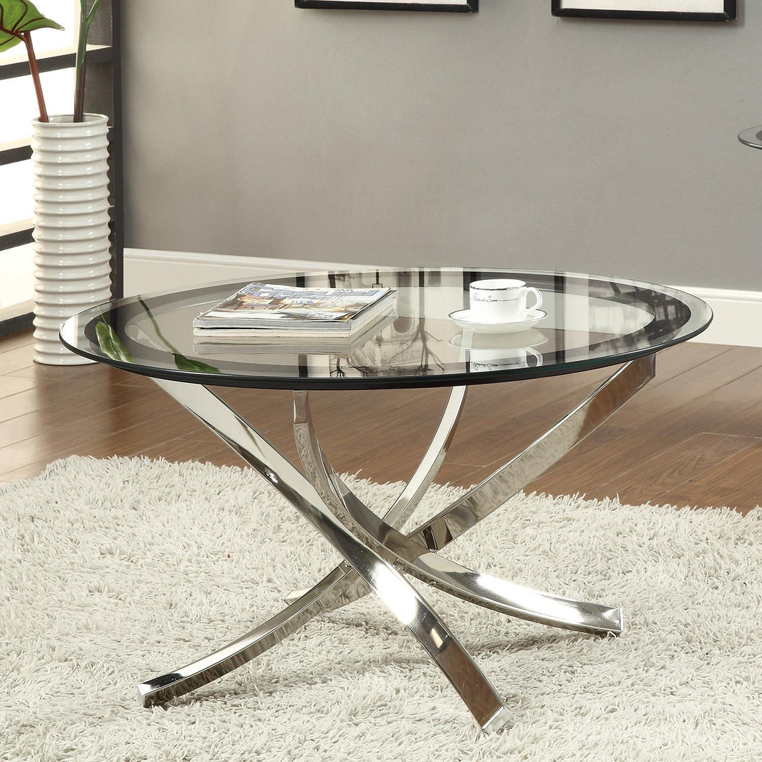  Coaster Furniture Brooke 702588 Round Glass Top Coffee Table Metal Base - Chrome IMAGE 1