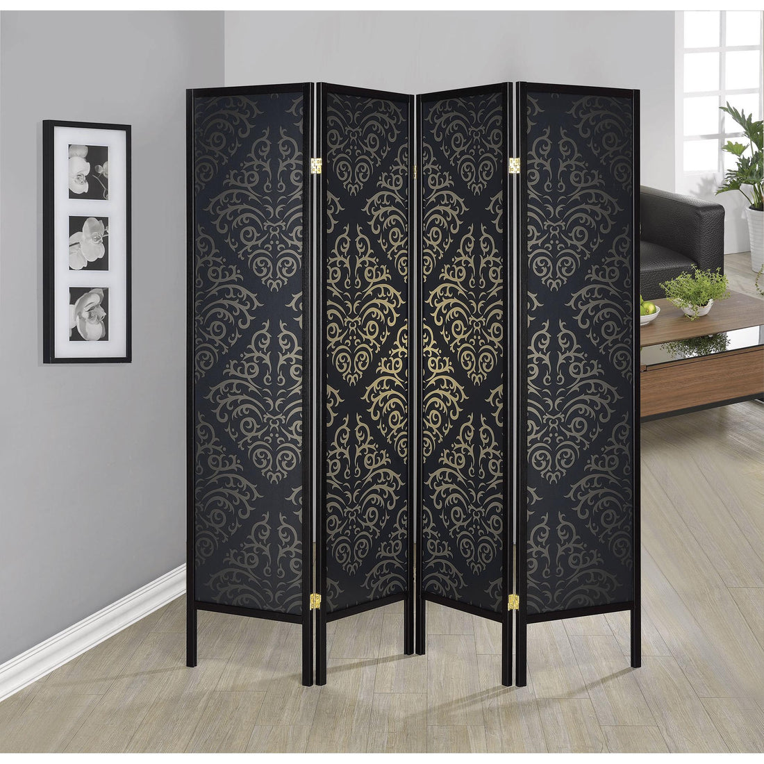  Coaster Furniture Haidera 901632 4-Panel Room Divider Folding Screen - Black Damask IMAGE 1
