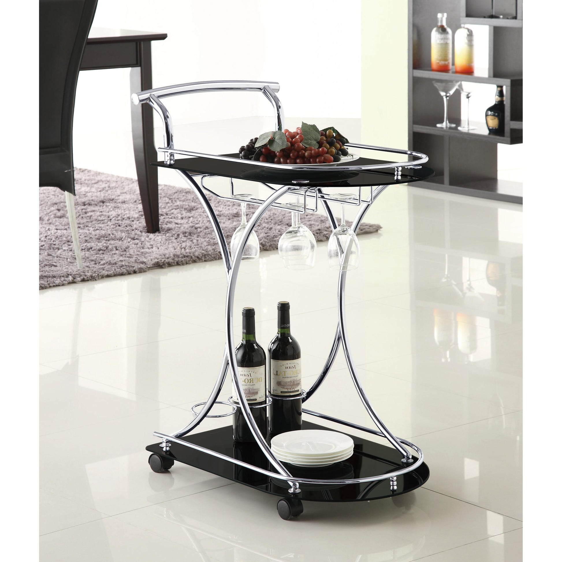  Coaster Furniture Elfman 910001 2-tier Glass Shelf Metal Bar Cart - Black and Chrome IMAGE 10