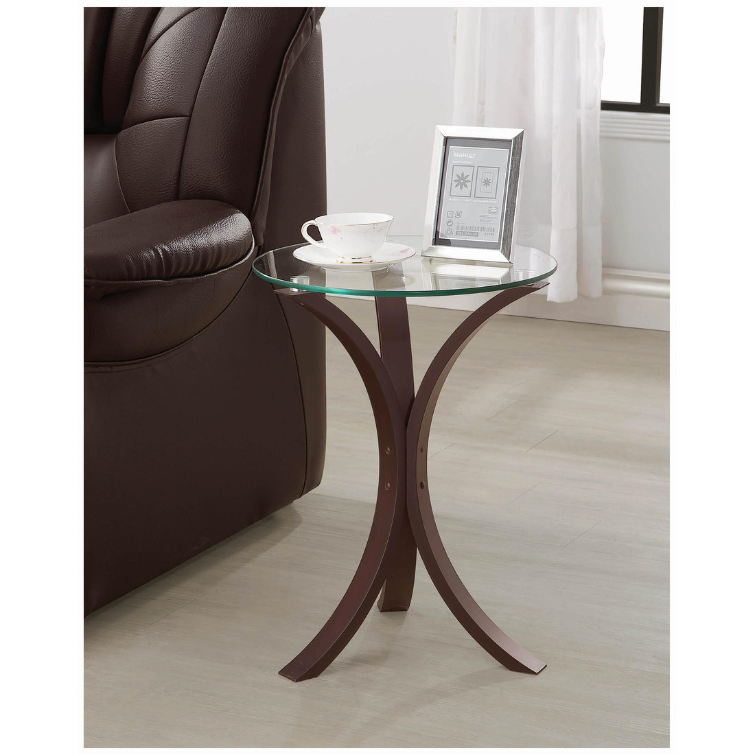  Coaster Furniture Edgar 902867 Round Glass Top Accent Side Table - Cappuccino IMAGE 1