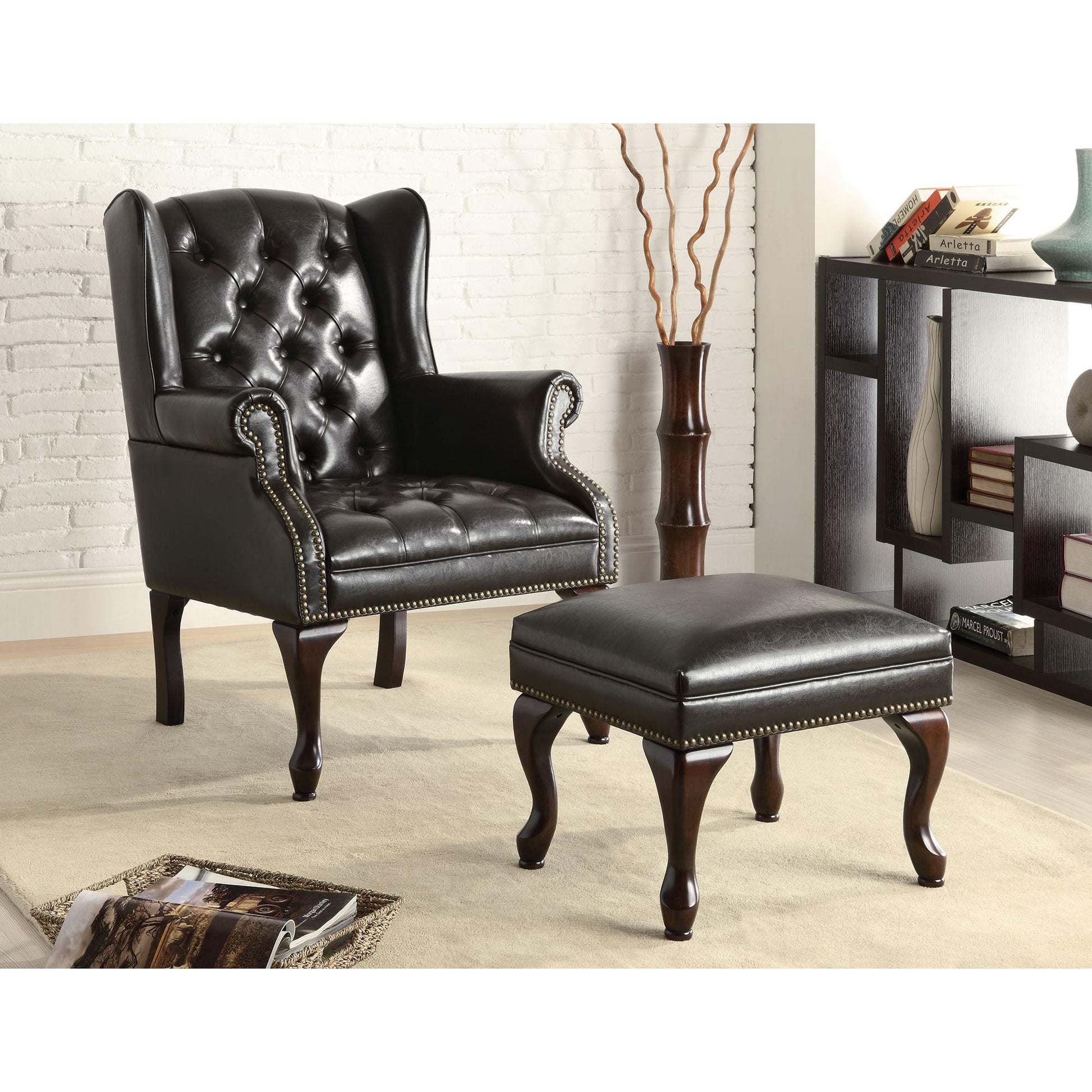  Coaster Furniture Roberts 900262 Upholstered Wingback Chair and Ottoman Set - Black IMAGE 3