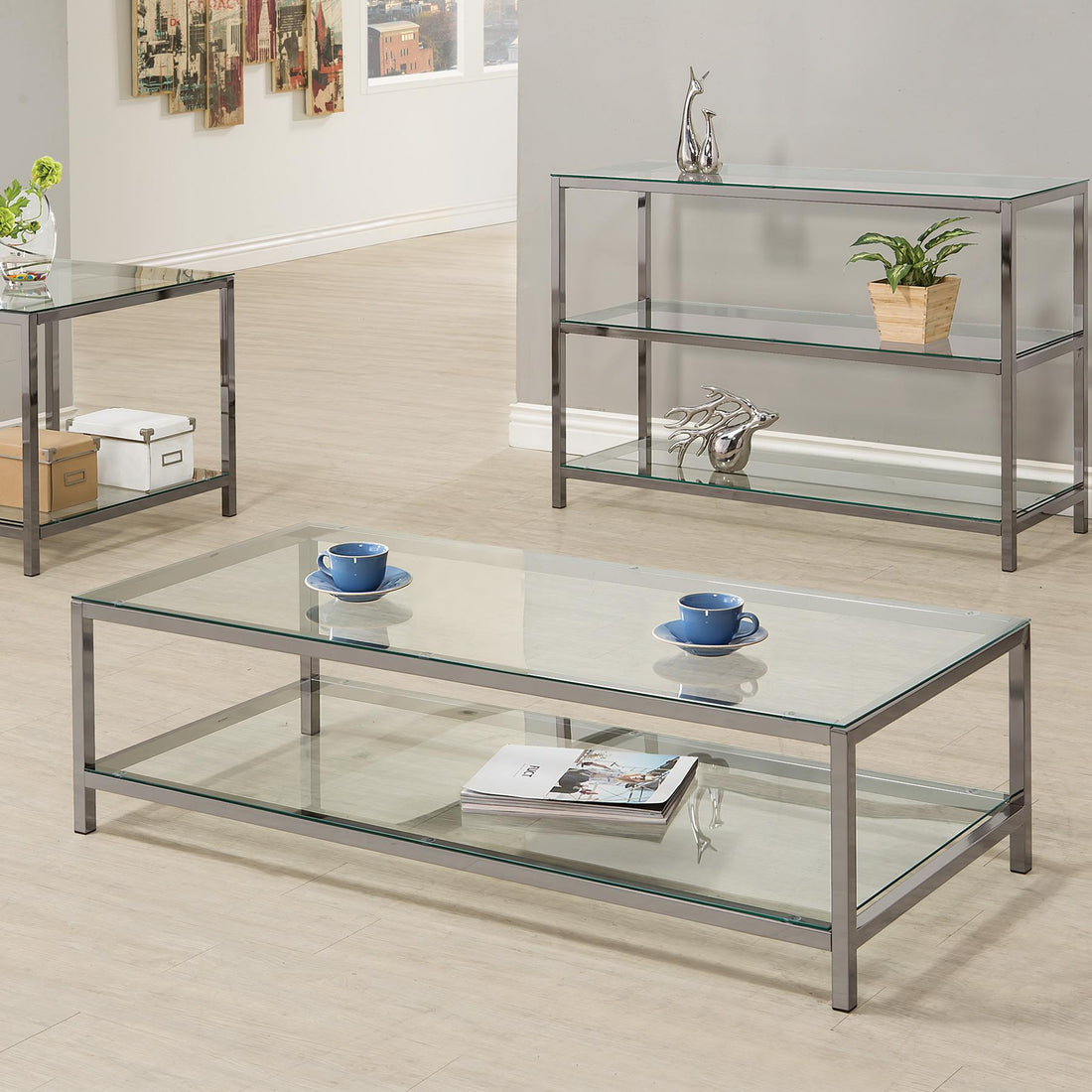  Coaster Furniture Trini 720228 1-shelf Glass Top Coffee Table - Black Nickel IMAGE 1