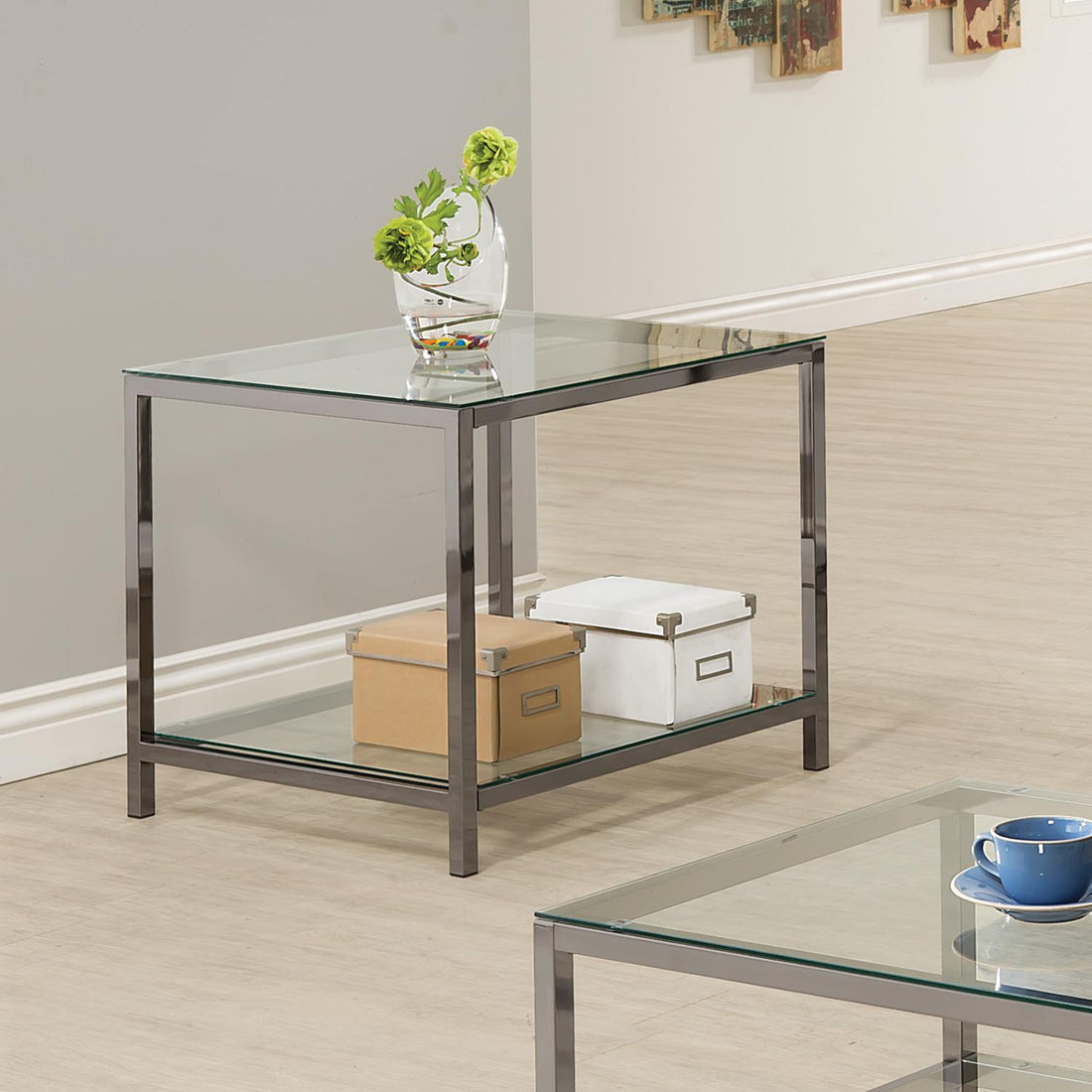  Coaster Furniture Trini 720227 1-shelf Glass Top Side End Table - Black Nickel IMAGE 1