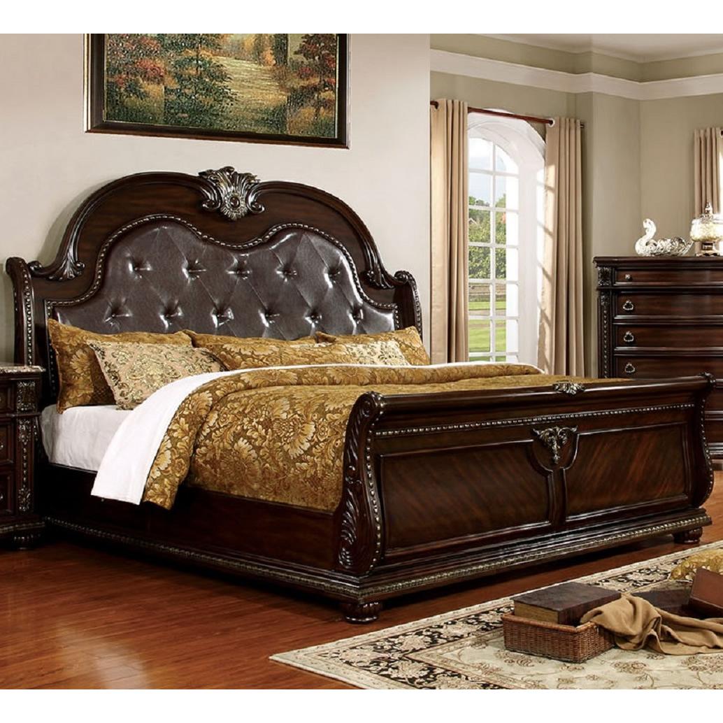  Color_Brown Cherry  Size_King  -- Furniture of America Fromberg King Upholstered Sleigh Bed IMAGE 1