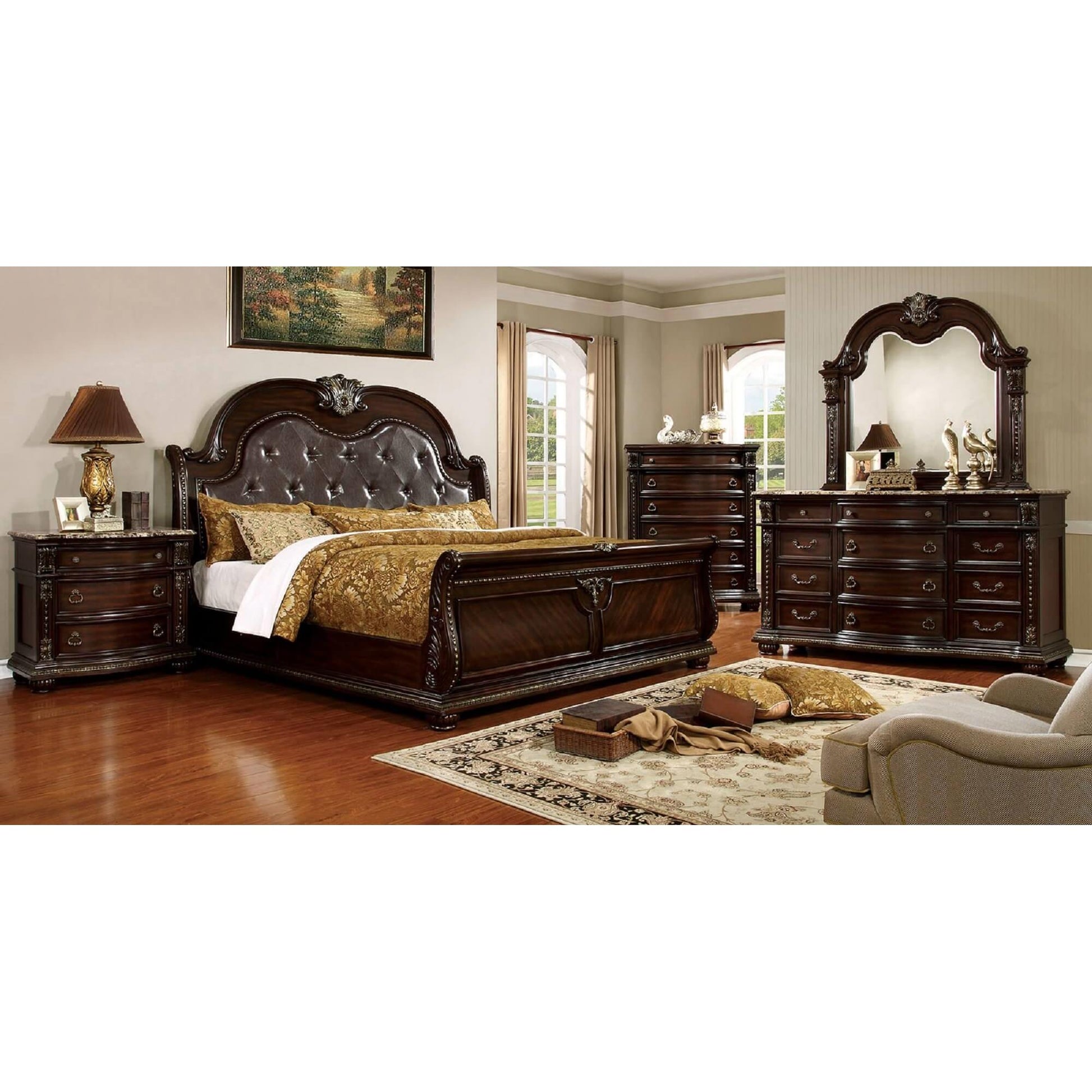  Color_Brown Cherry  Size_King  -- Furniture of America Fromberg King Upholstered Sleigh Bed IMAGE 4