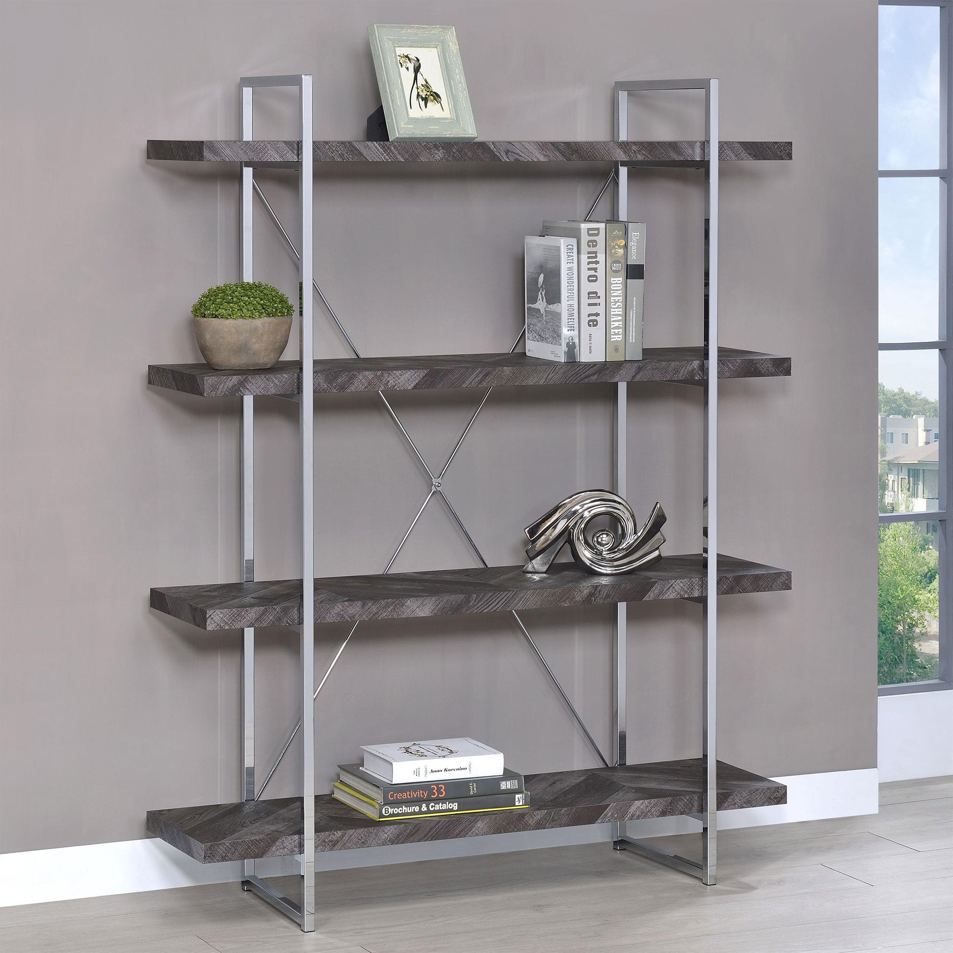  Coaster Furniture Grimma 802613 63-inch 4-shelf Bookshelf - Rustic Grey and Chrome IMAGE 9