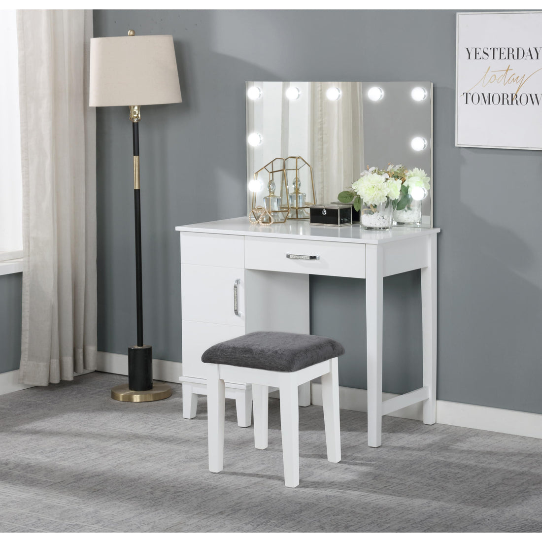  Coaster Furniture Elijah 931149 Vanity Set with Lighting & Stool - White and Dark Grey IMAGE 1