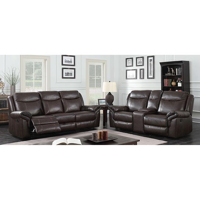 Furniture of America Chenai Reclining Leatherette Loveseat with Console CM6297-LV-VN IMAGE 1