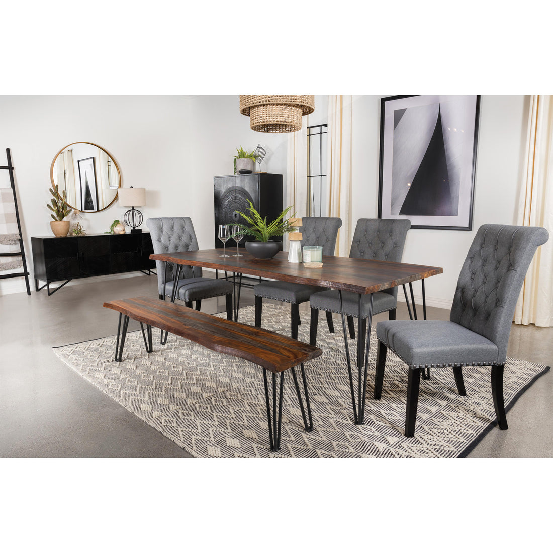  Coaster Furniture Neve 193863 Live Edge Wood Dining Bench Hairpin Legs - Grey Sheesham IMAGE 1