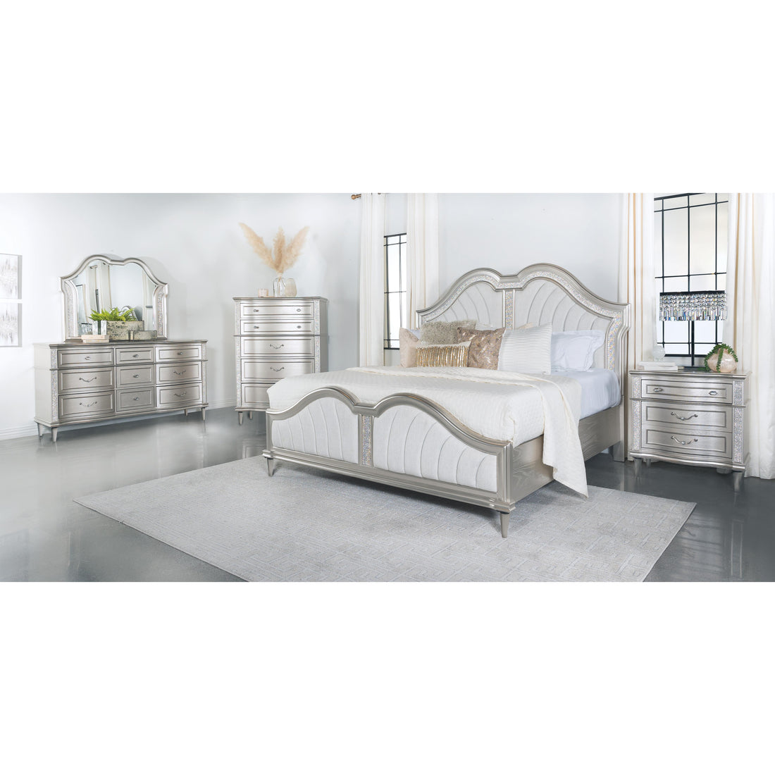  Coaster Furniture Evangeline 223391Q Wood Queen LED Panel Bed - Silver Oak IMAGE 1