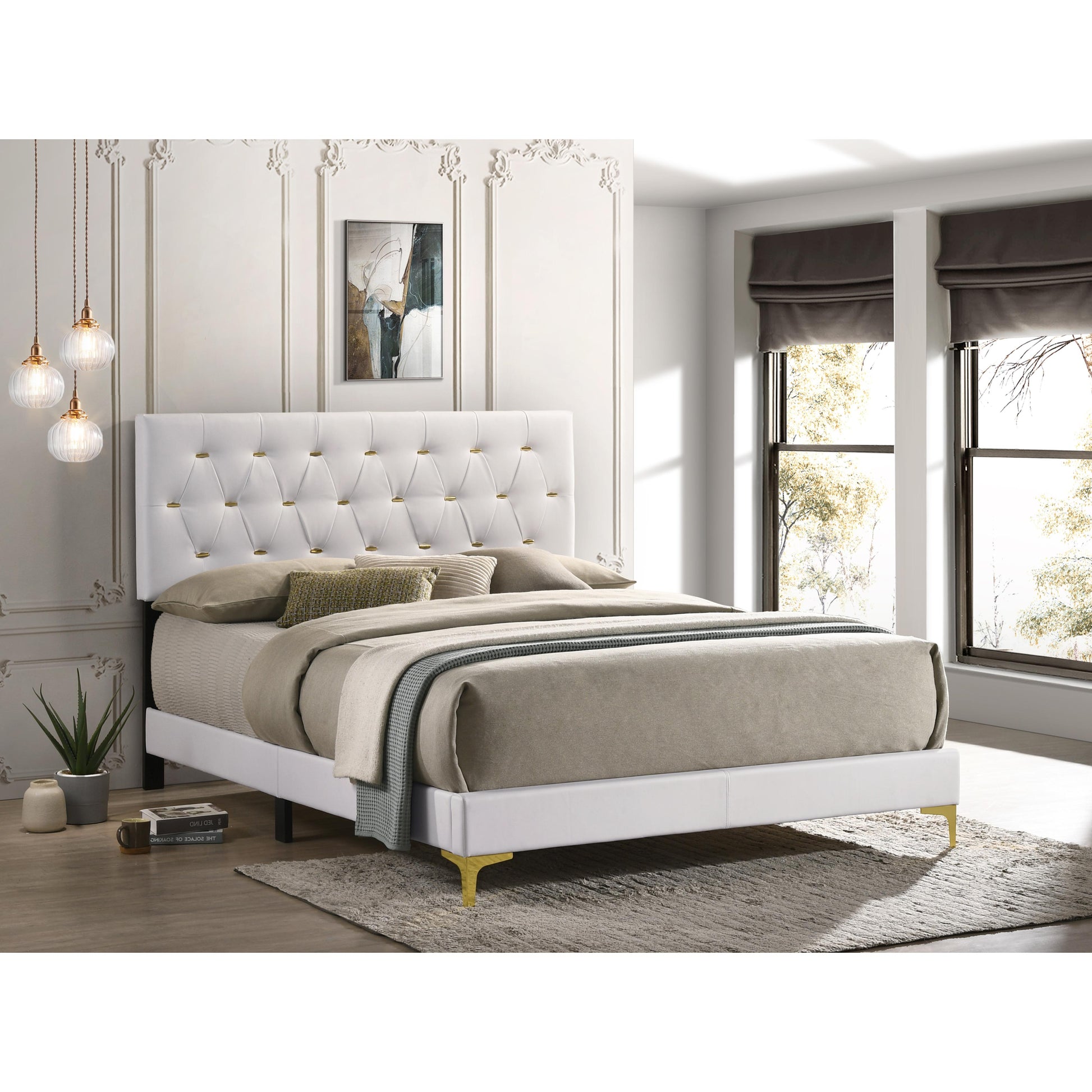  Size_Queen  -- Kendall 224401Q Upholstered Queen Panel Bed - White IMAGE 5