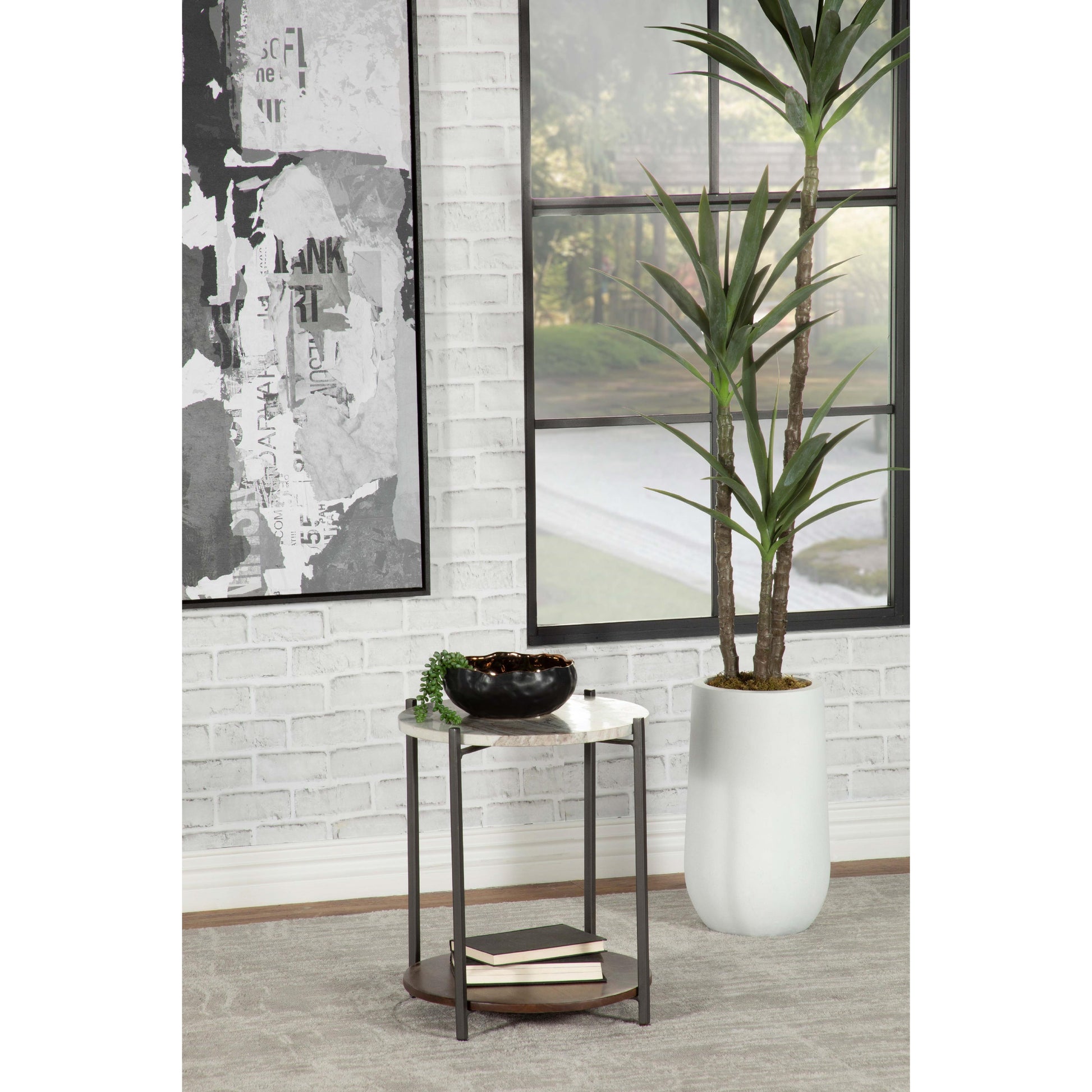  Coaster Furniture Noemie 931204 Round Marble Top Accent Side Table - White and Gunmetal IMAGE 3
