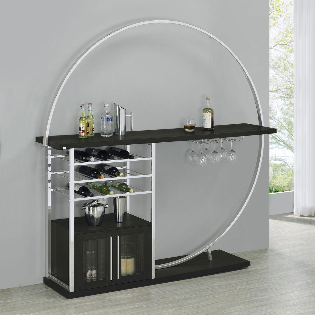  Coaster Furniture Risley 182799 2-door Circular LED Home Bar Cabinet - Dark Charcoal IMAGE 1