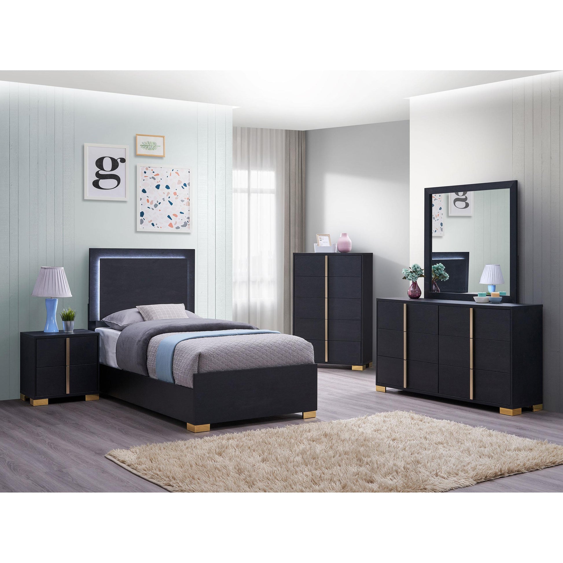  Size_Twin  -- Marceline 222831T Wood Twin LED Panel Bed - Black IMAGE 5