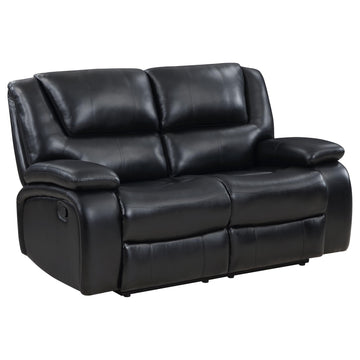  Coaster Furniture Camila 610245 Upholstered Motion Reclining Loveseat - Black IMAGE 1