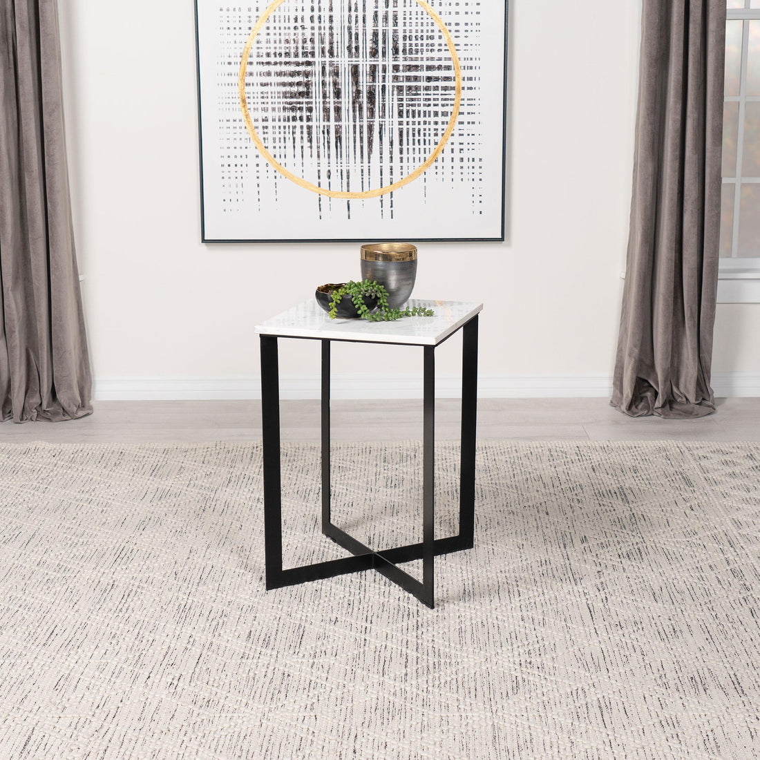  Coaster Furniture Tobin 707697 Square Marble Top End Table - White and Black IMAGE 1