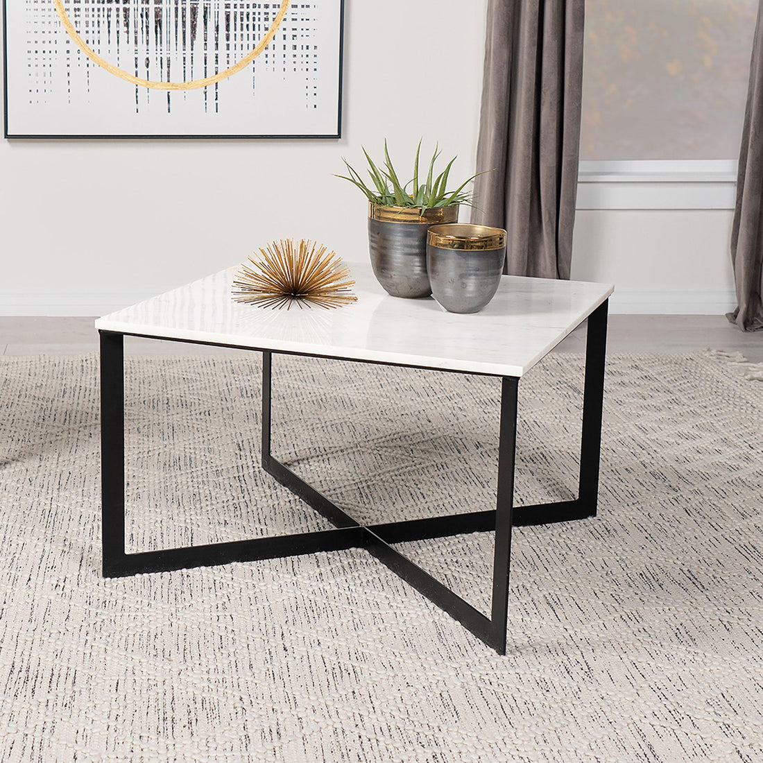  Coaster Furniture Tobin 707698 Square Marble Top Coffee Table - White and Black IMAGE 1