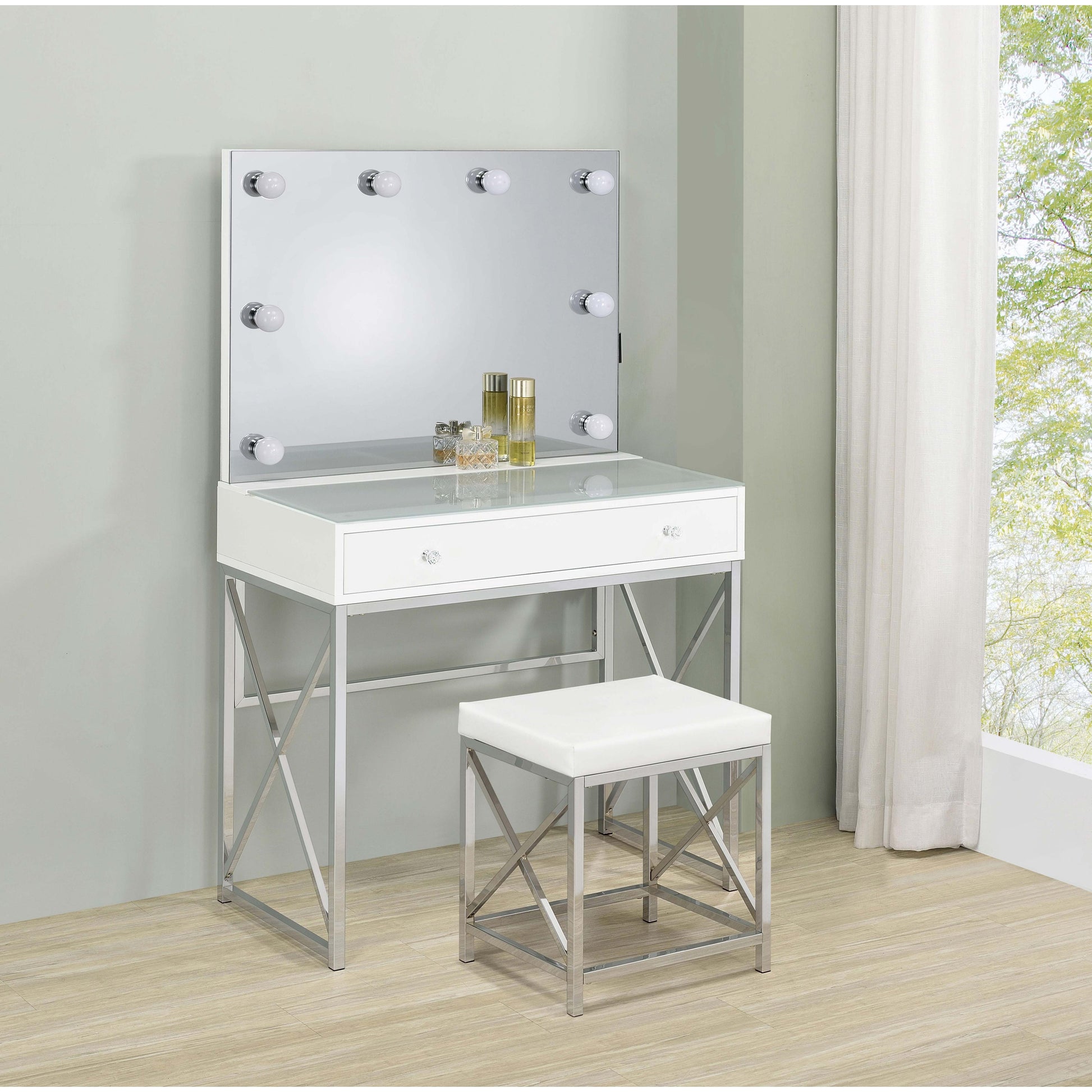  Coaster Furniture Eliza 936164 Vanity Set with Lighting & Stool - White and Chrome IMAGE 2