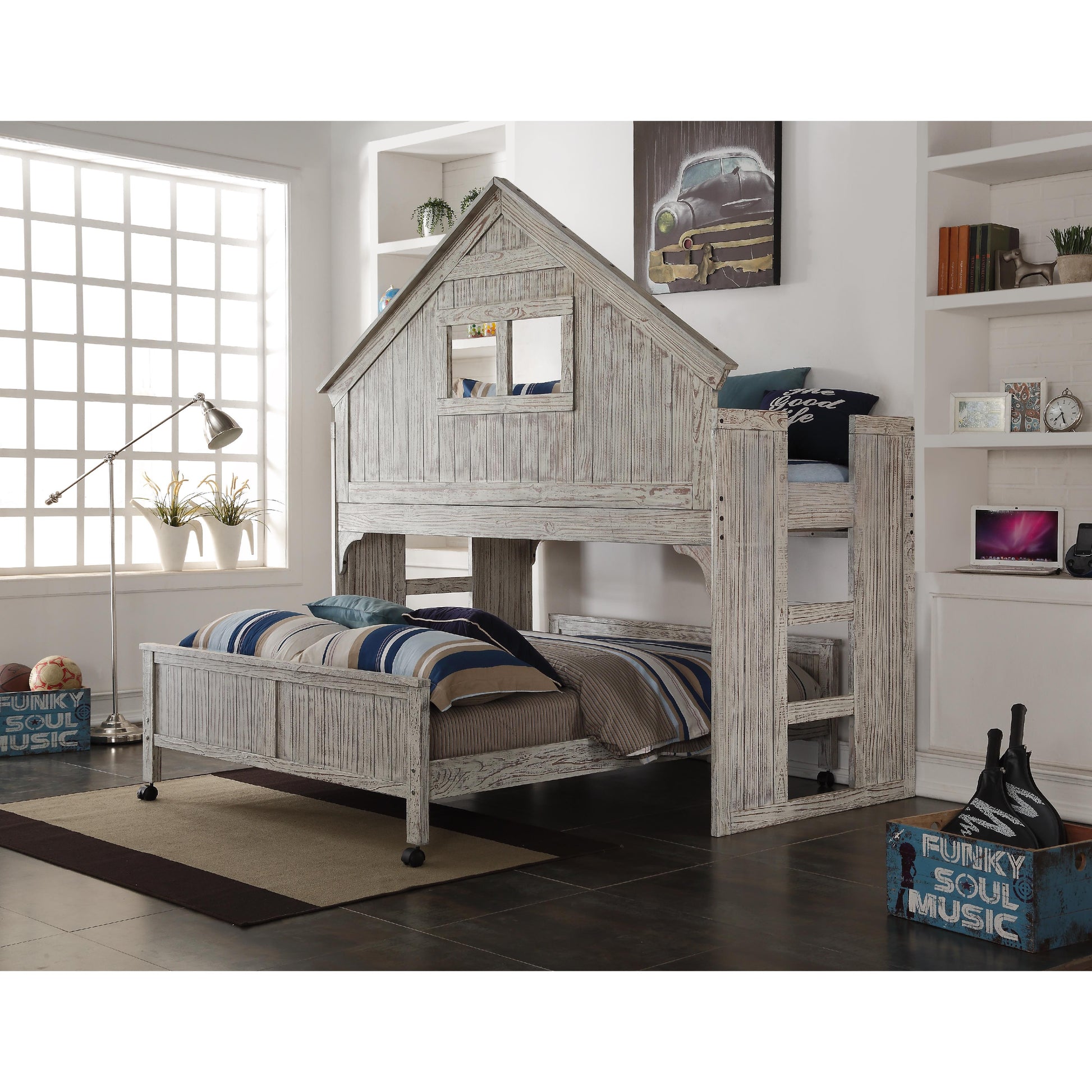  Donco Trading Company Clubhouse 007D_008-FD Twin Loft Bed with Clubhouse Full Caster Bed - Driftwood IMAGE 1