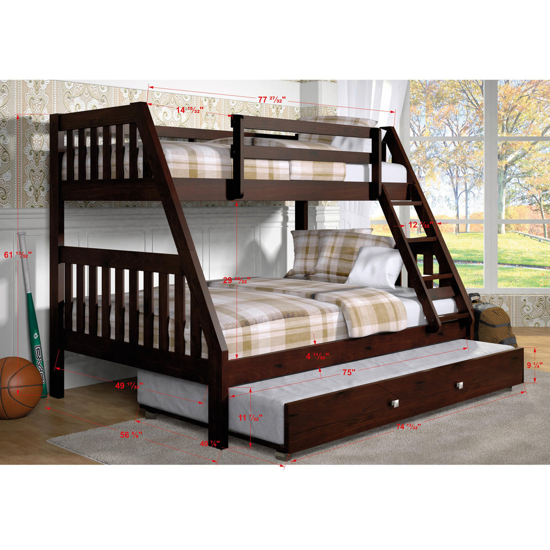  Donco Trading Company Austin Mission 1018-3TFCP_503-CP Twin over Full Bunkbed with Twin Trundle - Dark Cappuccino IMAGE 1