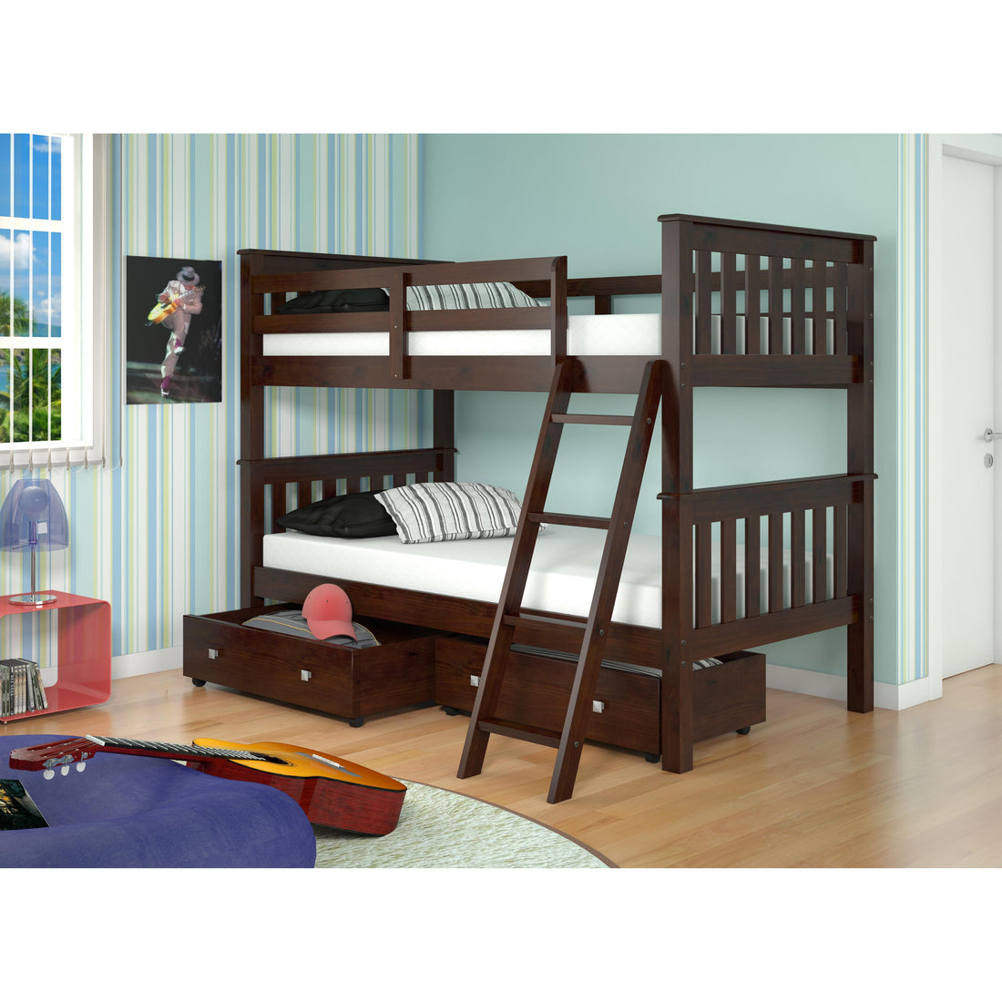  Donco Trading Company 120-1-TTCP_505-CP Twin/Twin Mission Bunk Bed W/Dual Under Bed Drawers - Dark Cappuccino IMAGE 1