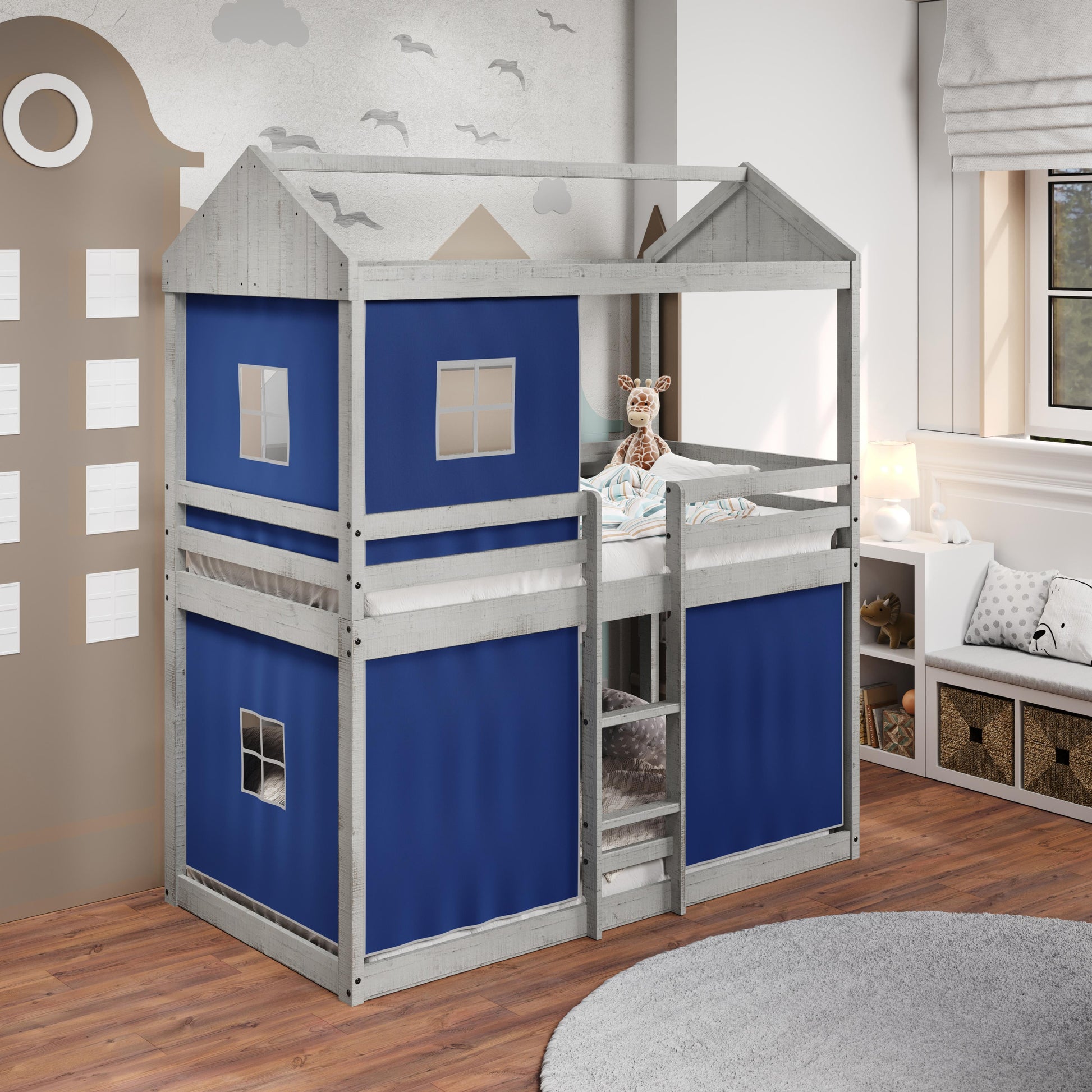  Donco Trading Company 1270-TTLG_1370-DB Twin over Twin Light Fort Bunkbed with Blue Tent - Light Grey IMAGE 2