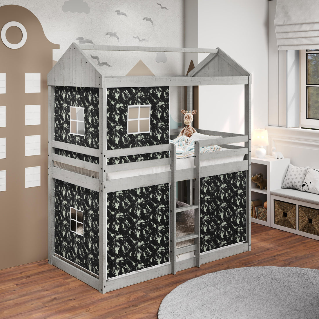  Donco Trading Company 1270-TTLG_1370-DGC Twin over Twin Light Fort Bunkbed with Camo Green Tent - Light Grey IMAGE 1