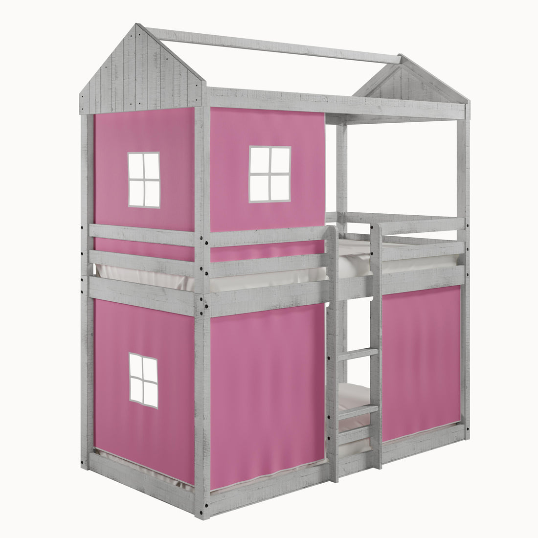  Donco Trading Company 1270-TTLG_1370-DP Twin over Twin Light Fort Bunkbed with Pink Tent - Light Grey IMAGE 1