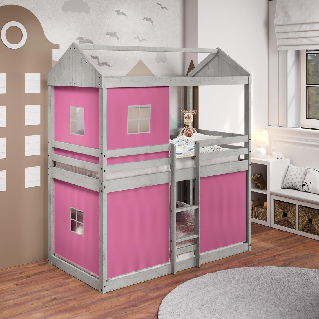  Donco Trading Company 1270-TTLG_1370-DP Twin over Twin Light Fort Bunkbed with Pink Tent - Light Grey IMAGE 1