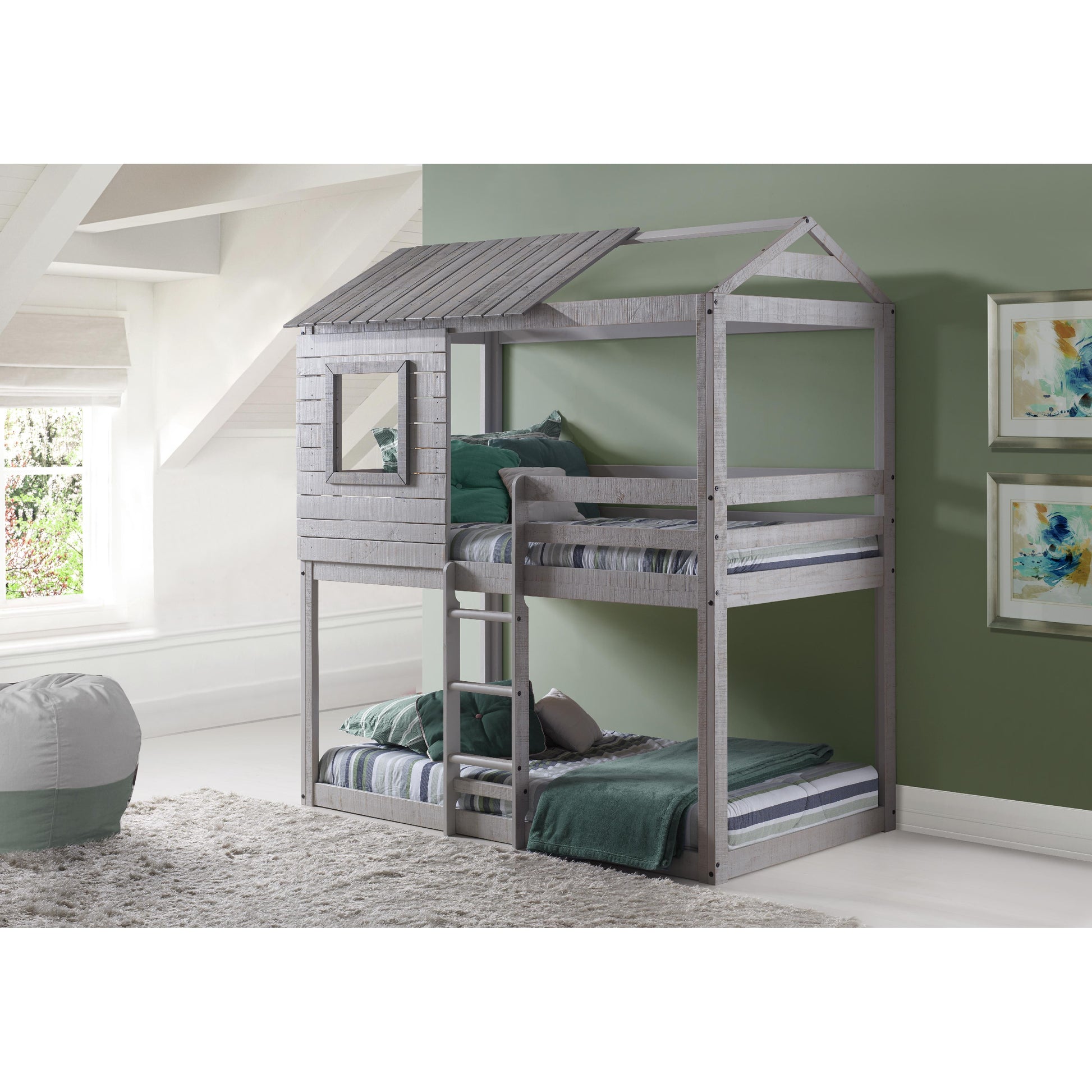  Donco Trading Company Deer Blind 1370-TTLG Twin over Twin House Bunkbed - Light Grey IMAGE 1