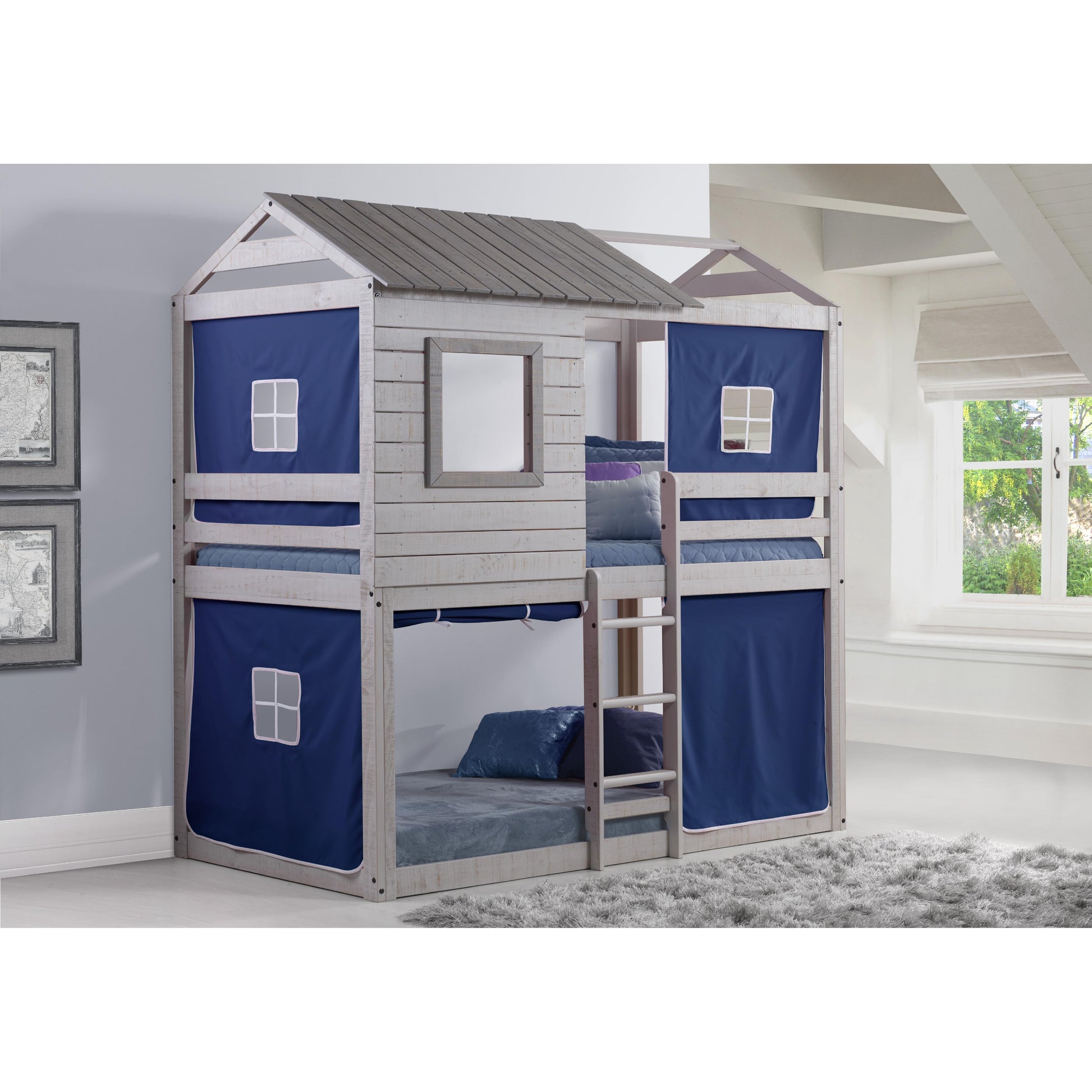  Donco Trading Company Deer Blind 1370-TTLG_1370-DB Twin over Twin House Bunkbed with Tent - Rustic Grey/Blue IMAGE 1