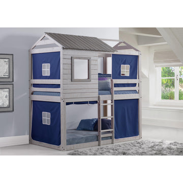  Donco Trading Company Deer Blind 1370-TTLG_1370-DB Twin over Twin House Bunkbed with Tent - Rustic Grey/Blue IMAGE 1