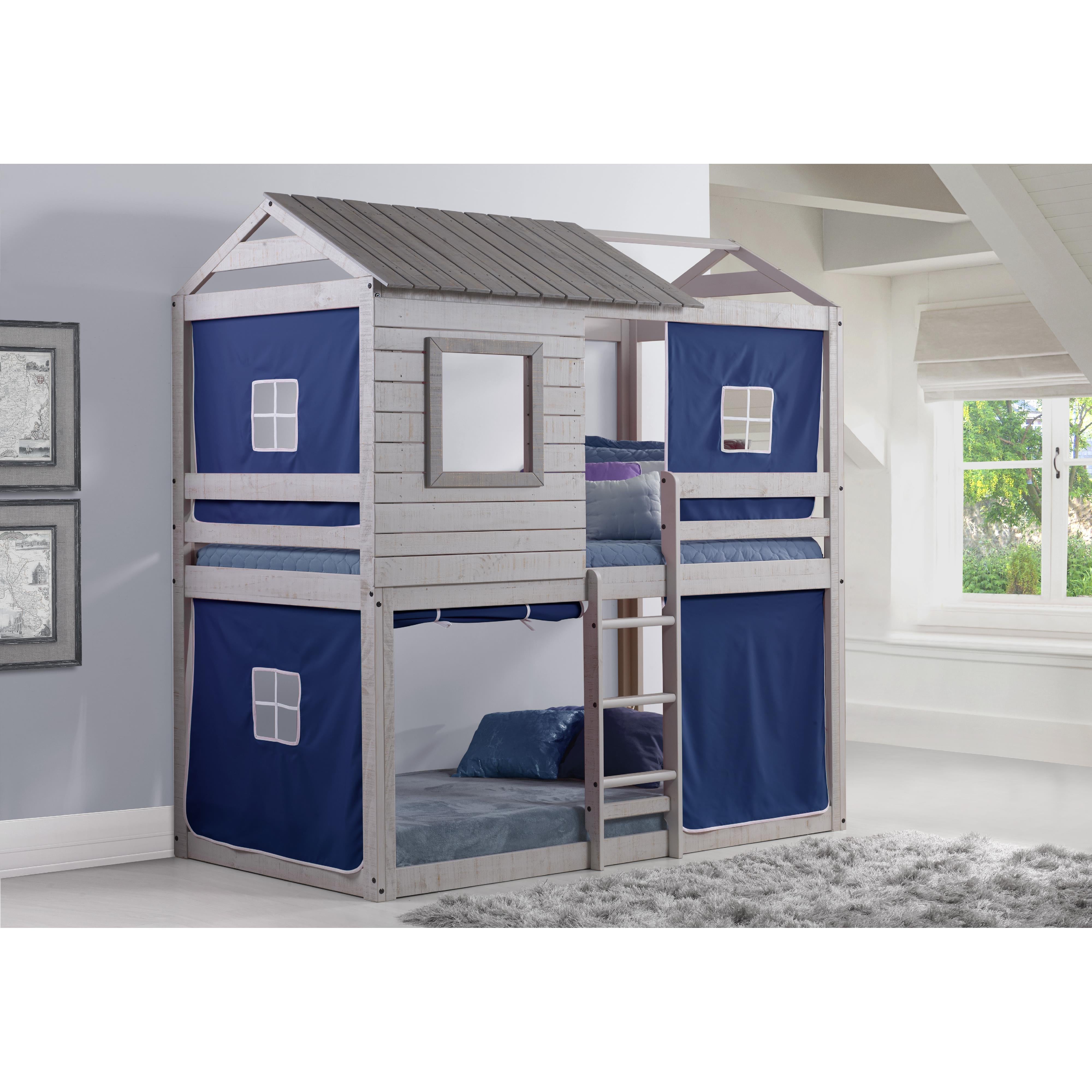  Donco Trading Company Deer Blind 1370-TTLG_1370-DB Twin over Twin House Bunkbed with Tent - Rustic Grey/Blue IMAGE 1