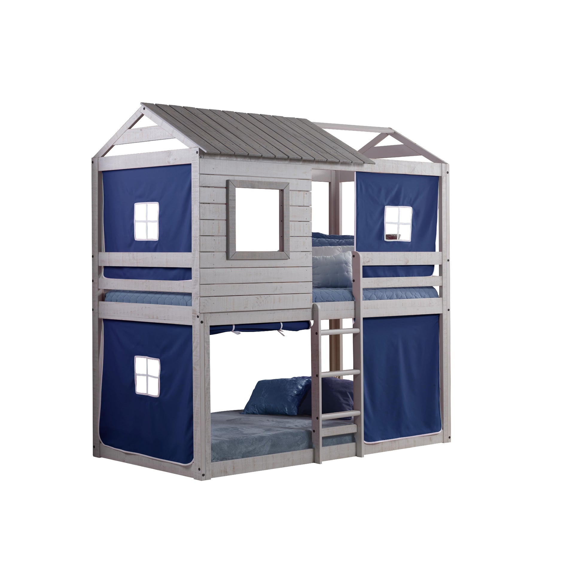  Donco Trading Company Deer Blind 1370-TTLG_1370-DB Twin over Twin House Bunkbed with Tent - Rustic Grey/Blue IMAGE 3