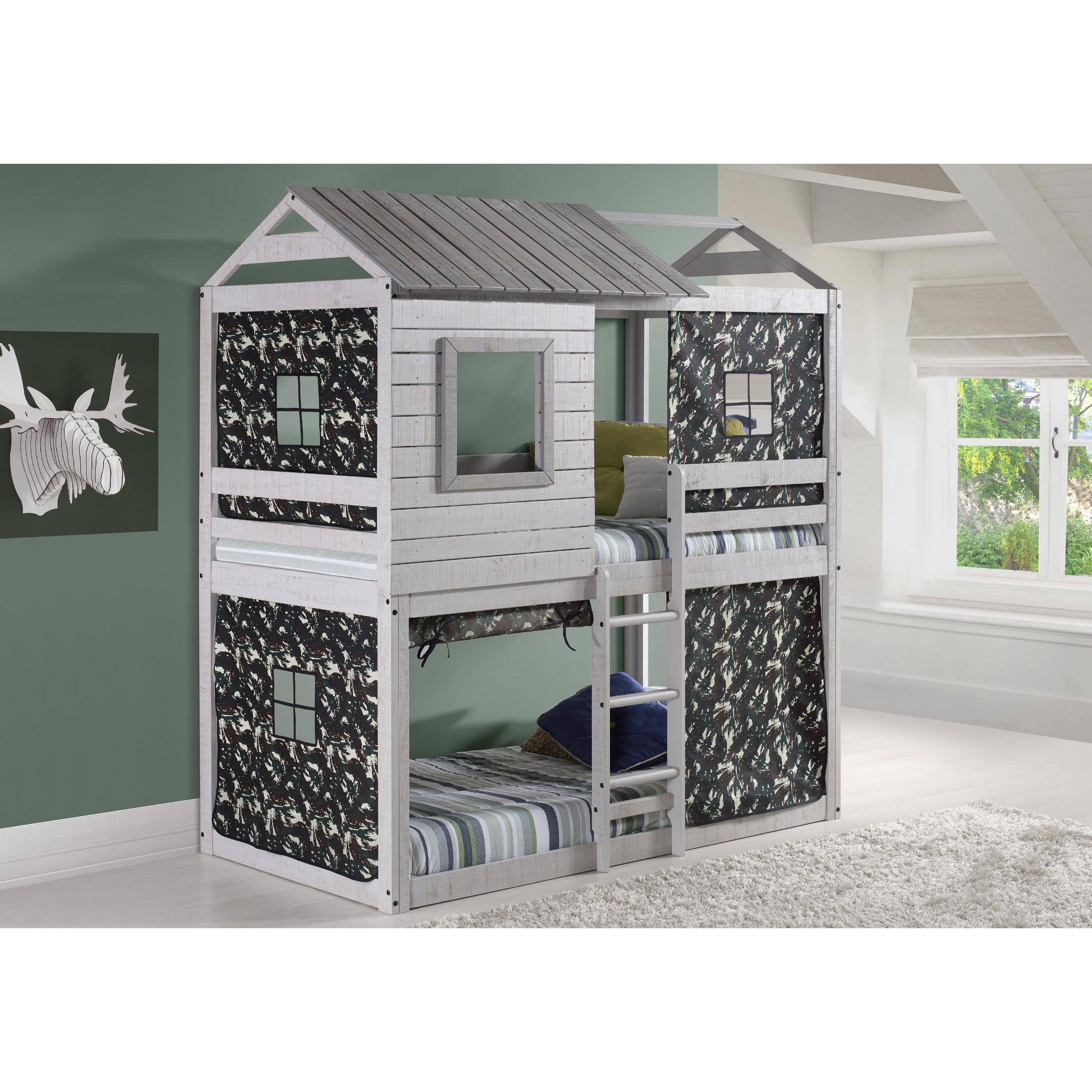  Donco Trading Company Deer Blind 1370-TTLG_1370-DGC Twin over Twin House Bunkbed with Tent - Rustic Grey/Camo IMAGE 1