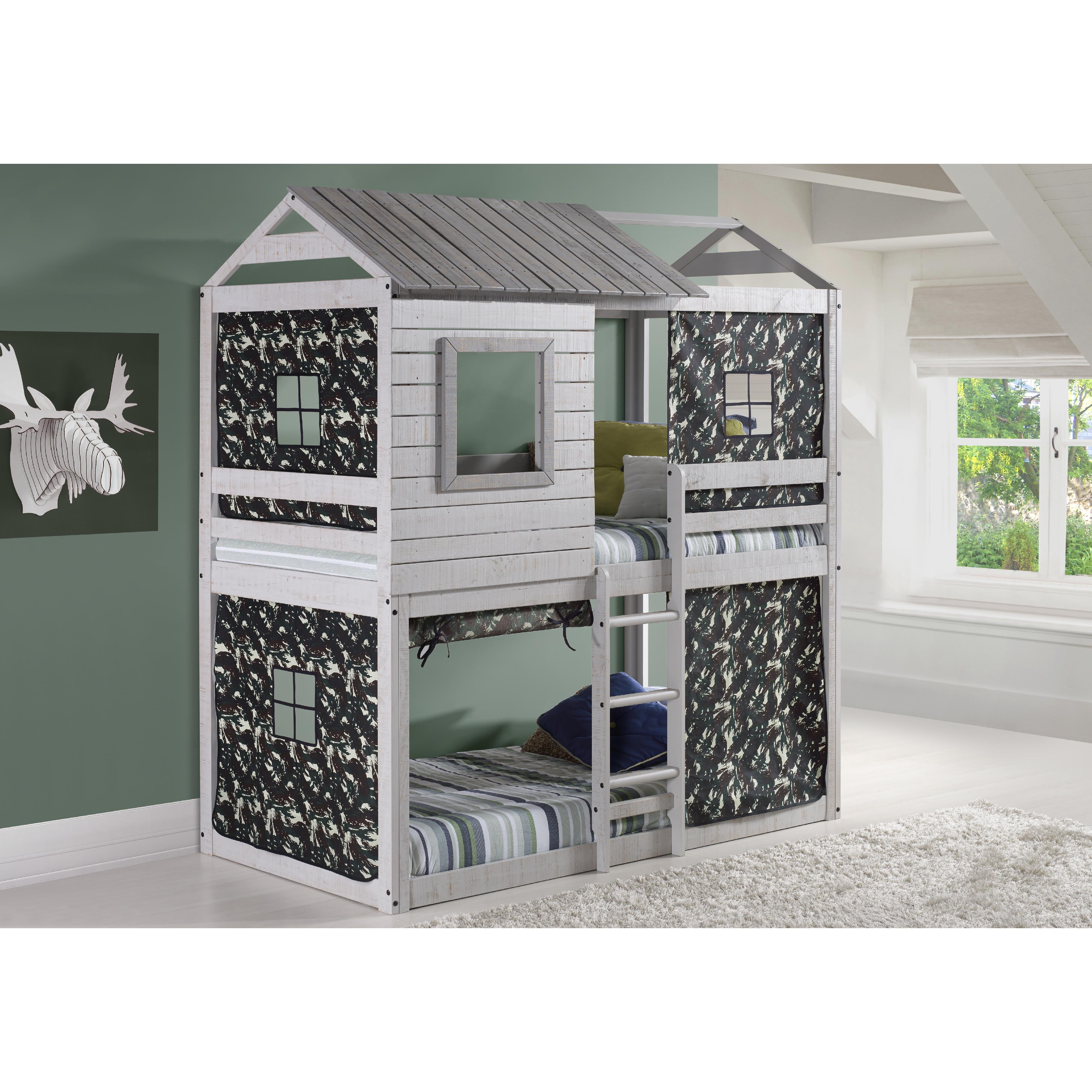  Donco Trading Company Deer Blind 1370-TTLG_1370-DGC Twin over Twin House Bunkbed with Tent - Rustic Grey/Camo IMAGE 1