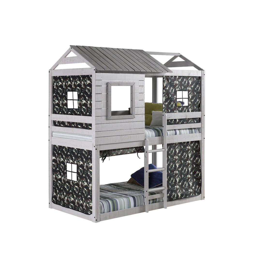  Donco Trading Company Deer Blind 1370-TTLG_1370-DGC Twin over Twin House Bunkbed with Tent - Rustic Grey/Camo IMAGE 1