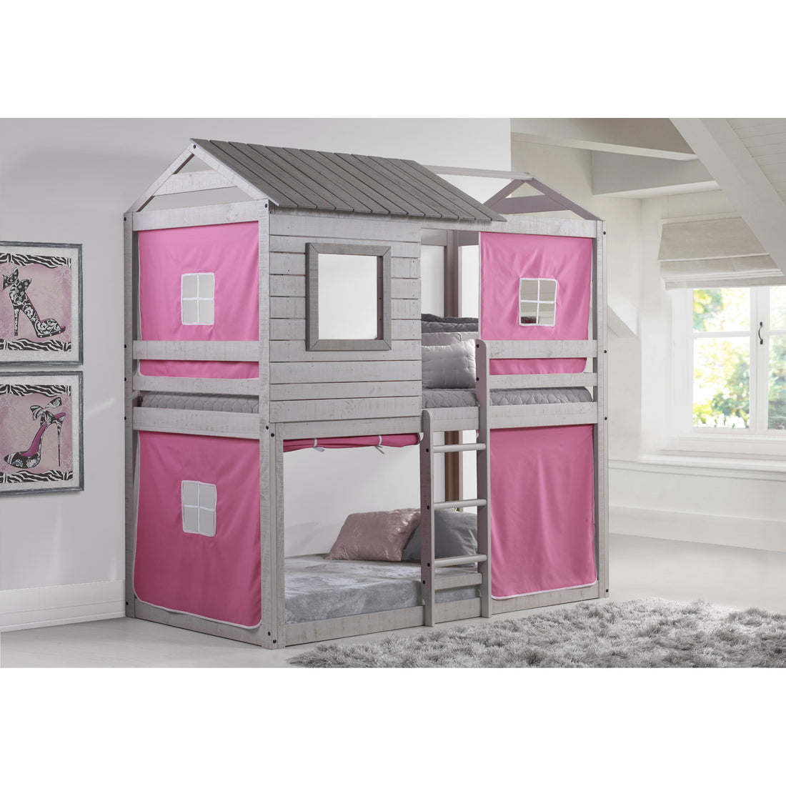  Donco Trading Company Deer Blind 1370-TTLG_1370-DP Twin over Twin House Bunkbed with Tent - Rustic Grey/Pink IMAGE 1
