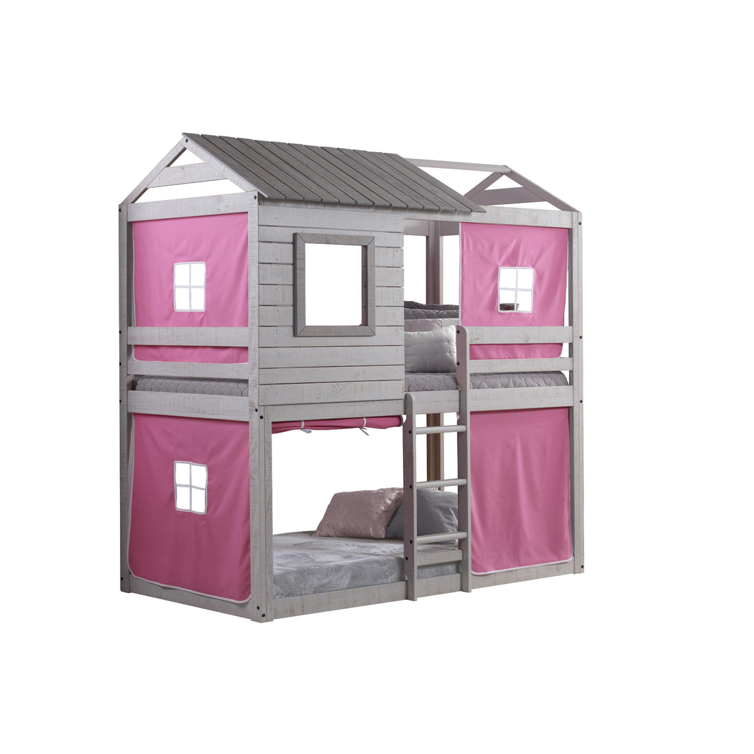  Donco Trading Company Deer Blind 1370-TTLG_1370-DP Twin over Twin House Bunkbed with Tent - Rustic Grey/Pink IMAGE 1