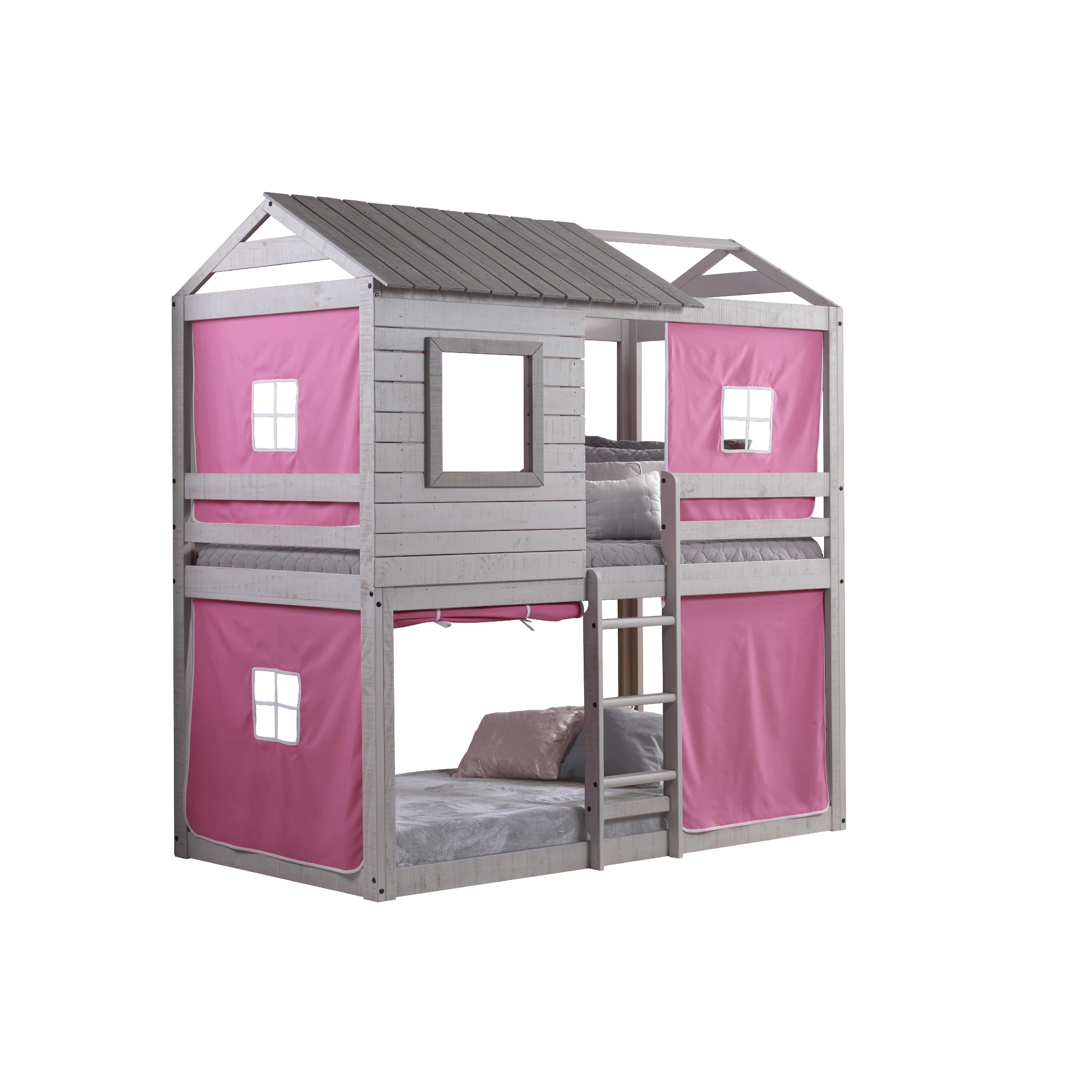  Donco Trading Company Deer Blind 1370-TTLG_1370-DP Twin over Twin House Bunkbed with Tent - Rustic Grey/Pink IMAGE 2