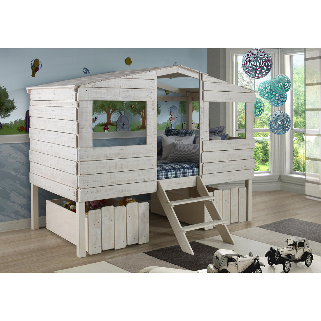  Donco Trading Company Beach House 1380-TLRS_1381-RS Twin Low Loft Bed with House Toy Boxes - Rustic Sand IMAGE 1