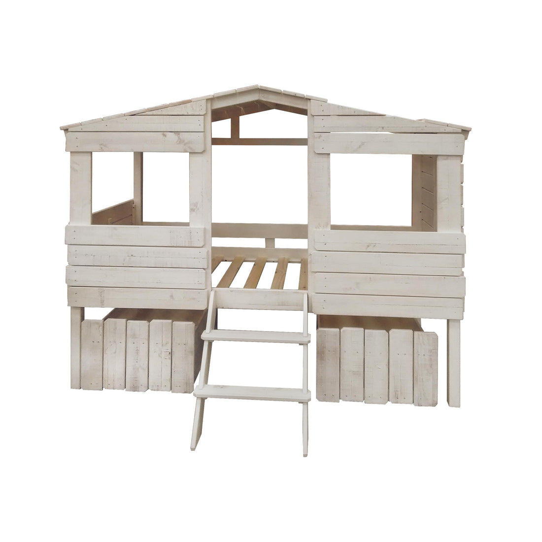  Donco Trading Company Beach House 1380-TLRS_1381-RS Twin Low Loft Bed with House Toy Boxes - Rustic Sand IMAGE 1