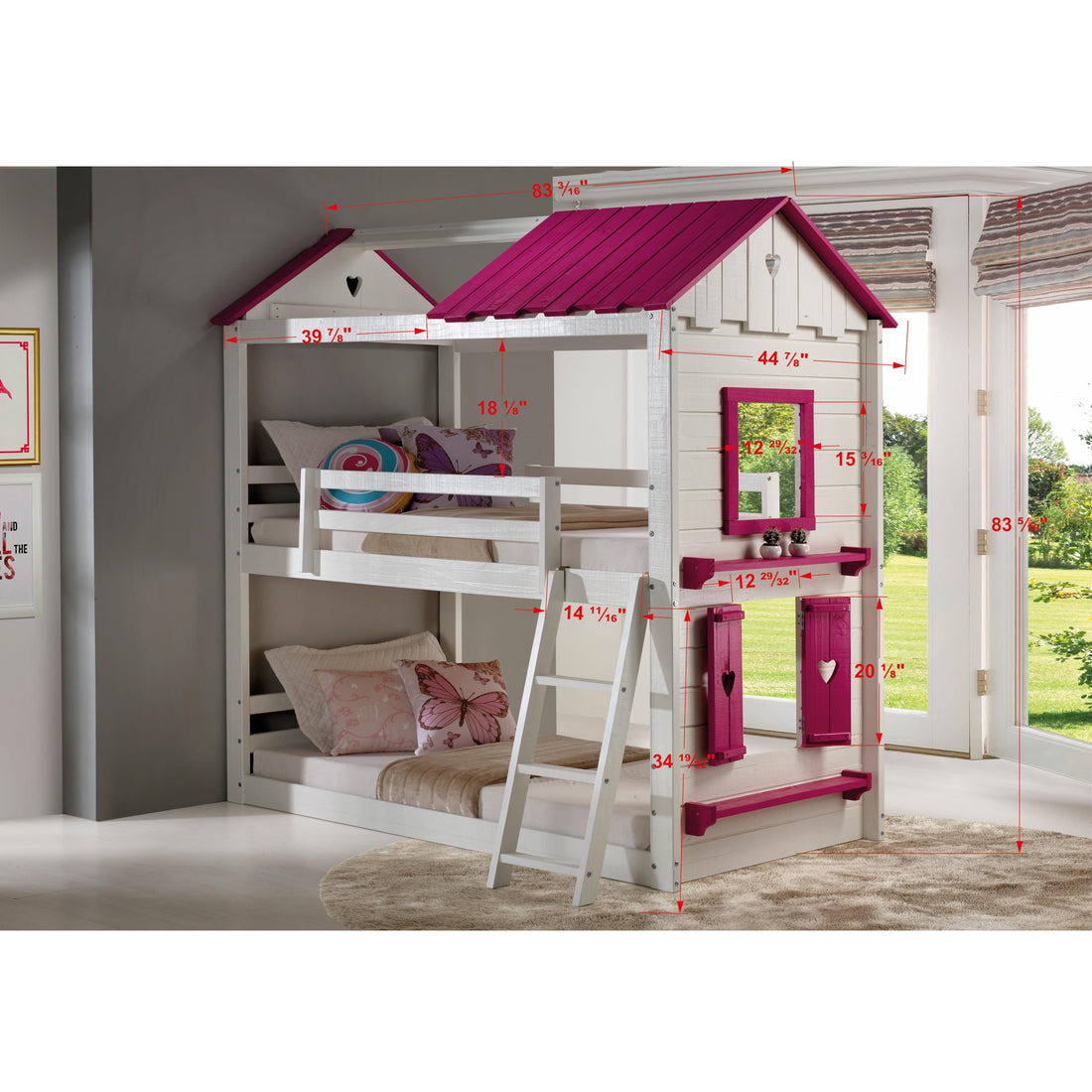  Donco Trading Company Sweetheart 1570-TTWP_1575-TP Twin over Twin & House Bunkbed with Tent - White/Pink IMAGE 1