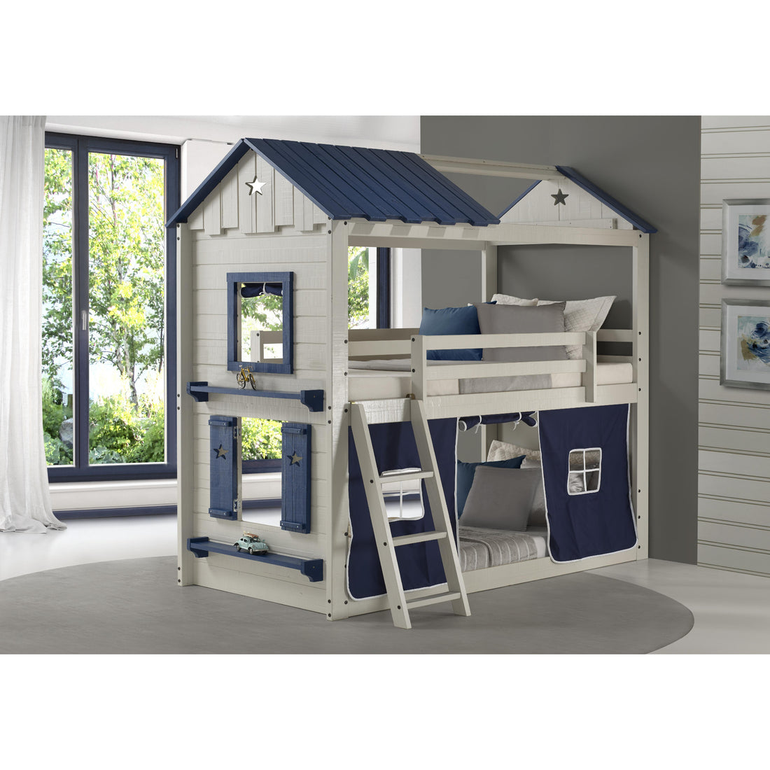  Donco Trading Company Star Gazer 1580-TTLGB_1575-TB Twin over Twin & House Bunkbed with Tent - Light Grey/Blue IMAGE 1